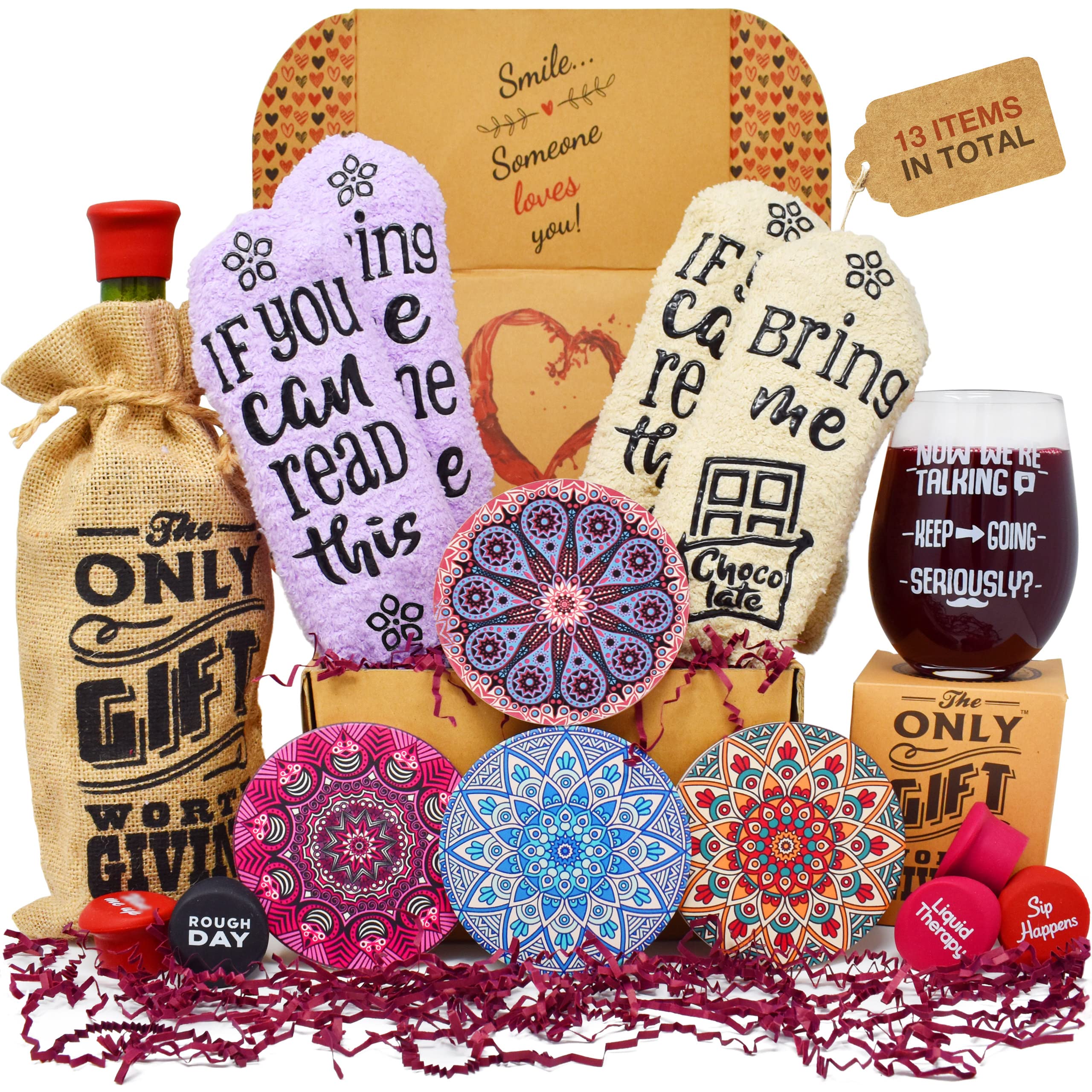 Wine Gift Basket - This Wine Gift Box Contains 13 Wine Gifts For Women - A Wine Basket with Funny Socks, Wine Stoppers, Wine Tote, Coasters and a Funny Wine Glass. Perfect as Mother's Day Gifts