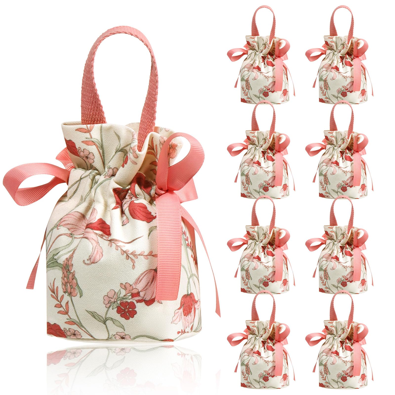 Liobelon 8 Pieces Floral Mini Gift Bags with Handles 14x9.5x6vm/5.5x3.7x2.3inch Canvas Small Candy Bag Tea Party Favor Bags Wedding Favors Boxes for Party, Baby Shower,Bridal Shower (pink)