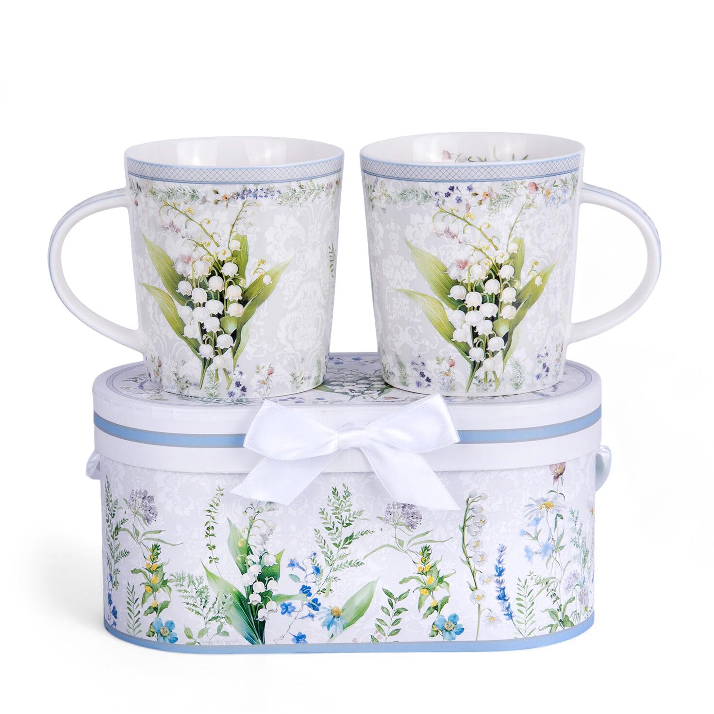Lily of the Valley Bone China Tea and Coffee Mug Set of 2 in Gift Box 11.8 fl oz (350 ml) Floral Mugs for Tea Latte Cocoa Chocolate, Dishwasher & Microwave Safe