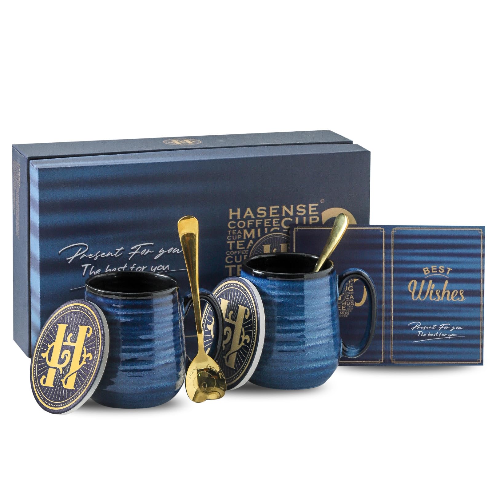 Hasense Coffee Mugs, 15 Ounce Porcelain Mugs Set of 2 with Handle for Morning Coffee Tea and Cocoa, Ceramic Coffee Cups Gift Box with Beautiful Glaze Coasters Spoons for Men and Women, Navy