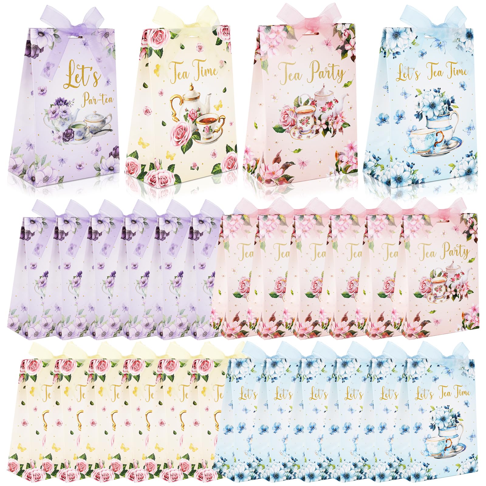 EYNDYN 24 Pcs Tea Party Gift Bags Floral Teapot Goodie Treat Bag with Ribbon Fairy Party Candy Bags Decorations for Girls Women Wedding Birthday Party Baby Shower Forest Party Favors Supplies