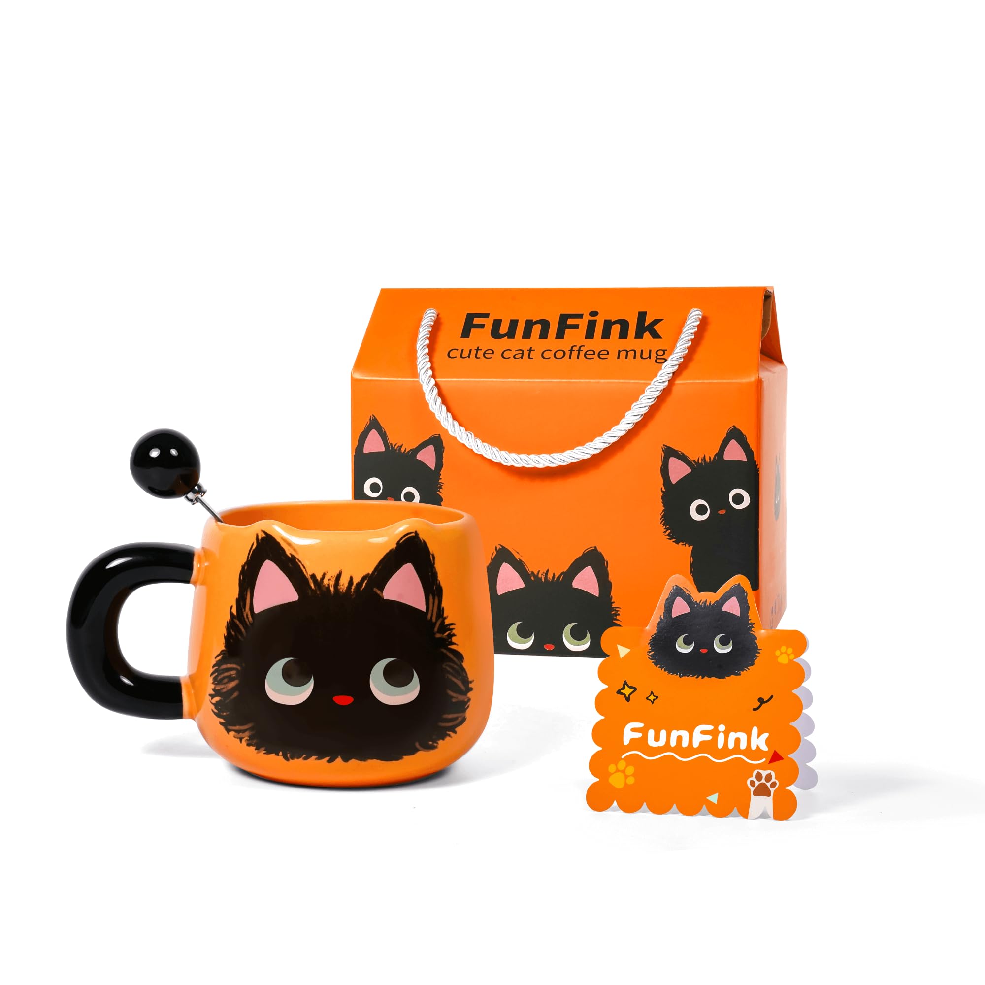 Black Cat Ceramic Coffee Mug with Spoon, 13.5 oz - Cute Cat Lover Gift for Women and Girls, Includes Gift Box & Greeting Card