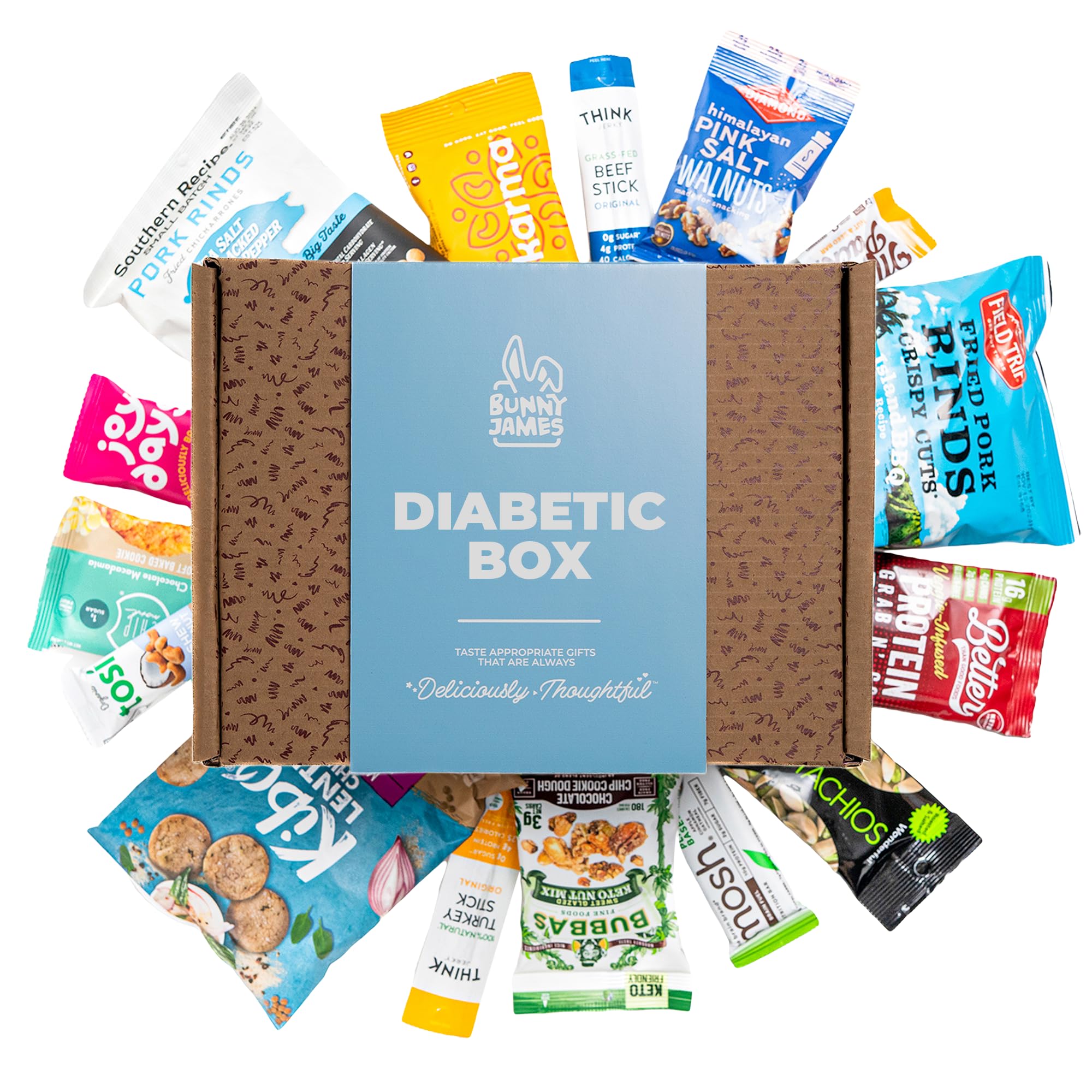 Diabetic Snack Gift Basket - Ideal Gift - Healthy Low Sugar Chips, Candy, Jerky & Nuts for Adults
