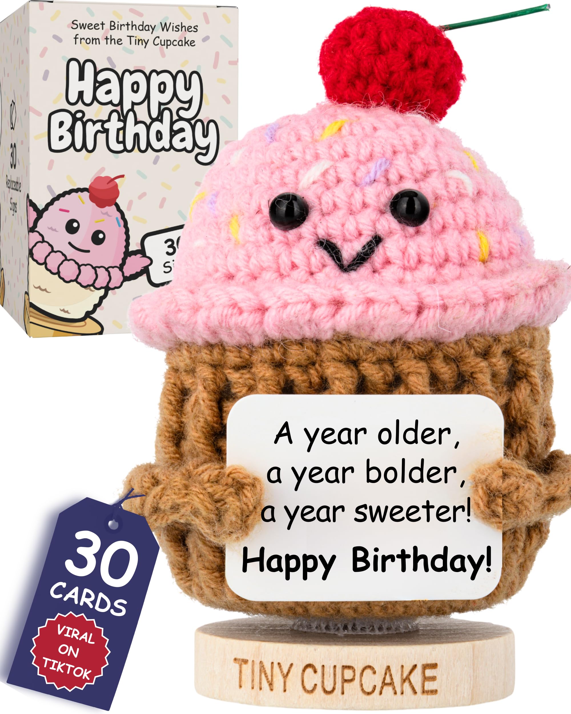 Happy Birthday Gifts for Women and Men – Tiny Cupcake Crochet with 30 Birthday Cards | Funny Gift Idea for Best Friends, Sister, Brother, Coworkers, Boss, Teacher, Girlfriend, Wife, Him or Her