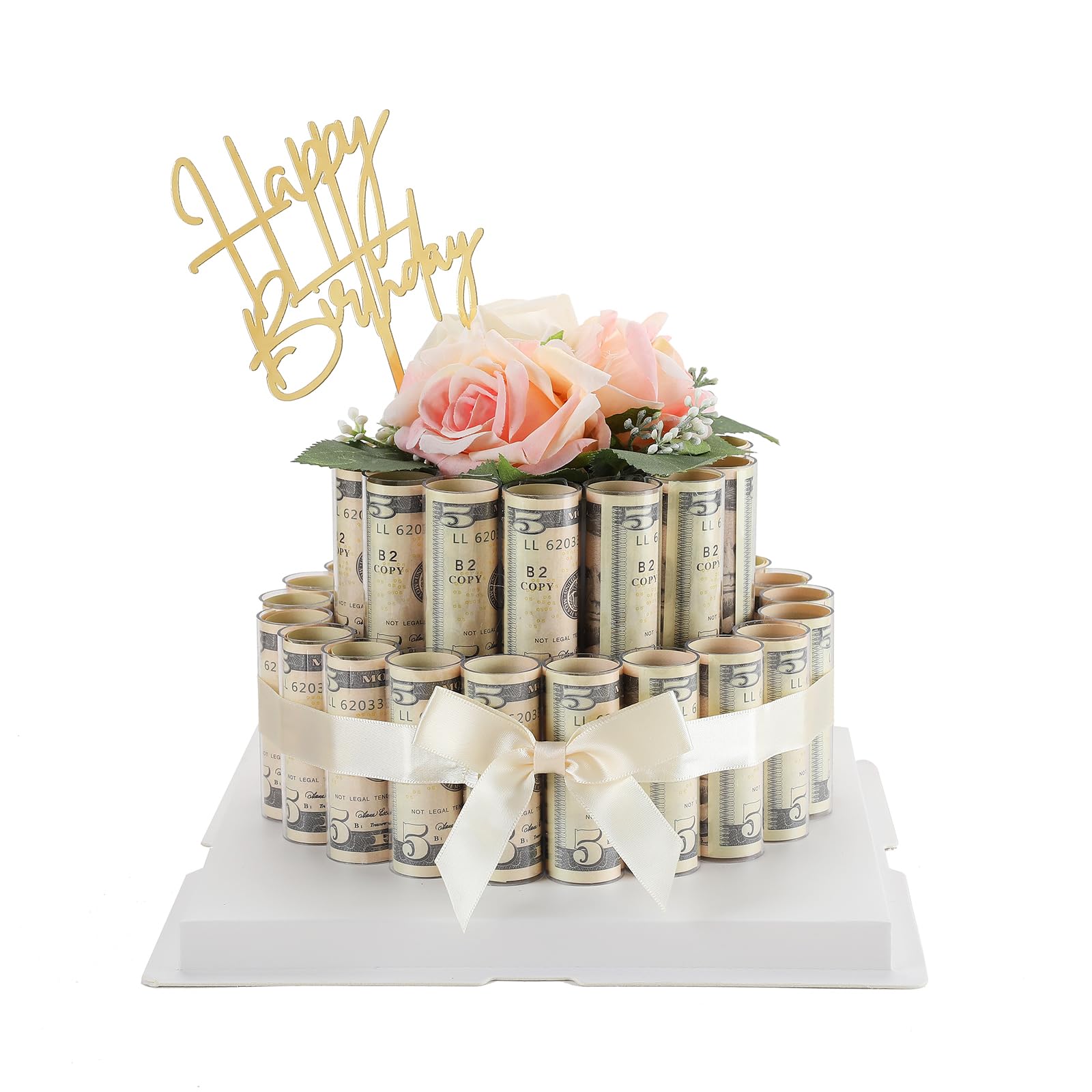 Money Cake - No DIY - Fake Rose Flower Cake Gift Boxes Birthday Gifts for Her and Him Gift Ideas,Surprise Money Box for Cash Gift Pull - 2 Tier Dispenser