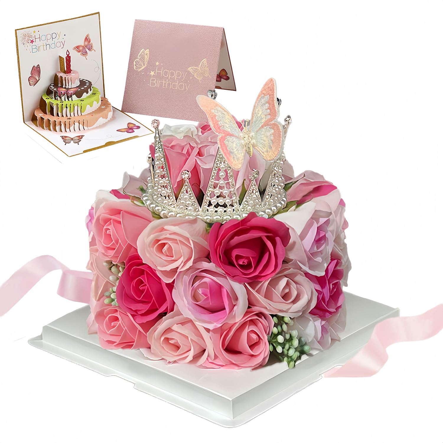 Eightown Forever Cake with Pink Preserved Flowers - Bouquet Preserved Roses for Women - Birthday Gift for Her with Crown (Hotpink & butterfly)