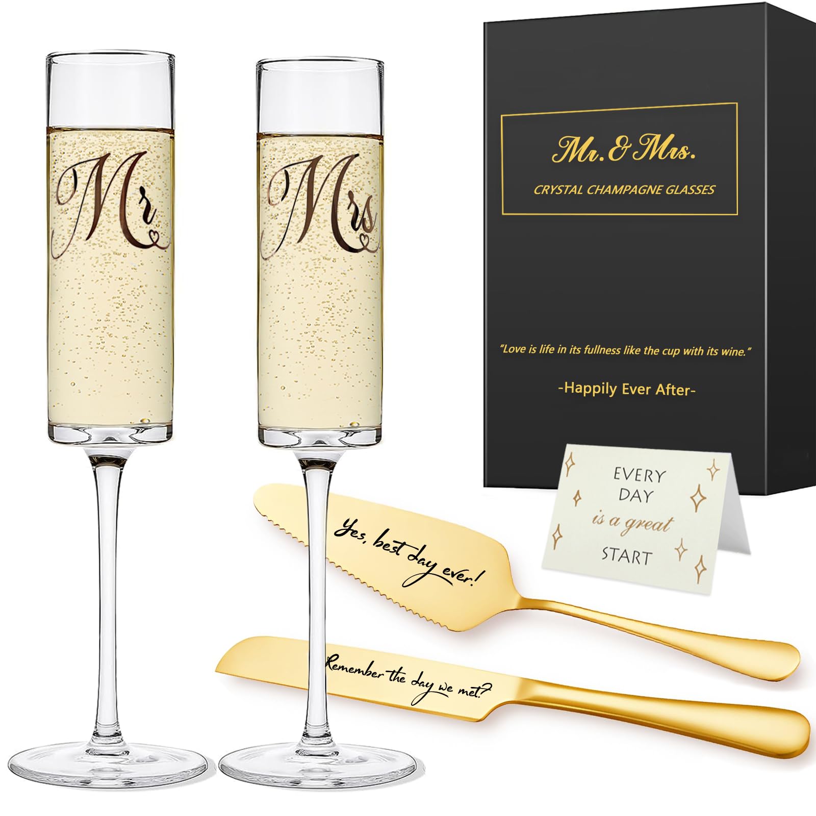Mr and Mrs Champagne Flutes, Bride and Groom Champagne Glasses, Wedding Glasses with Cake Cutting Set, Bridal Shower Gifts, Unique Wedding Gift Engagement Gifts for Couples