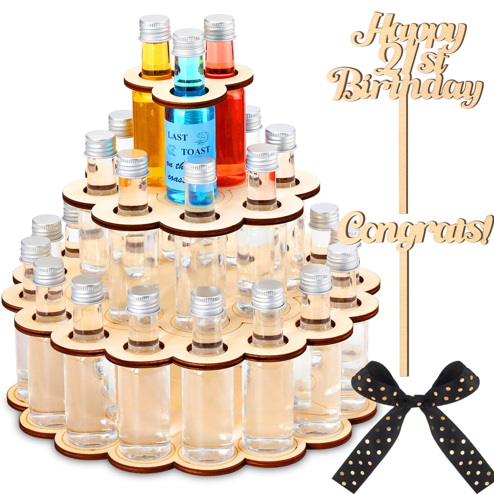Honeydak Mini Liquor Bottle Cake Display Shelf Wooden Party Centerpiece Display for Mini Liquor Bottles 21st Birthday Decor 21st Birthday Gifts for Him or Her, Hold 28 Bottles