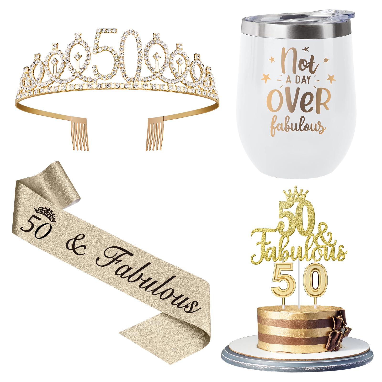 50th Birthday Gifts Women Including 12oz Tumbler/Mug for Wine or Coffee, Birthday Crown, Sash, Cake Topper and Candles, 50 Year Old Decorations Gifts Idea