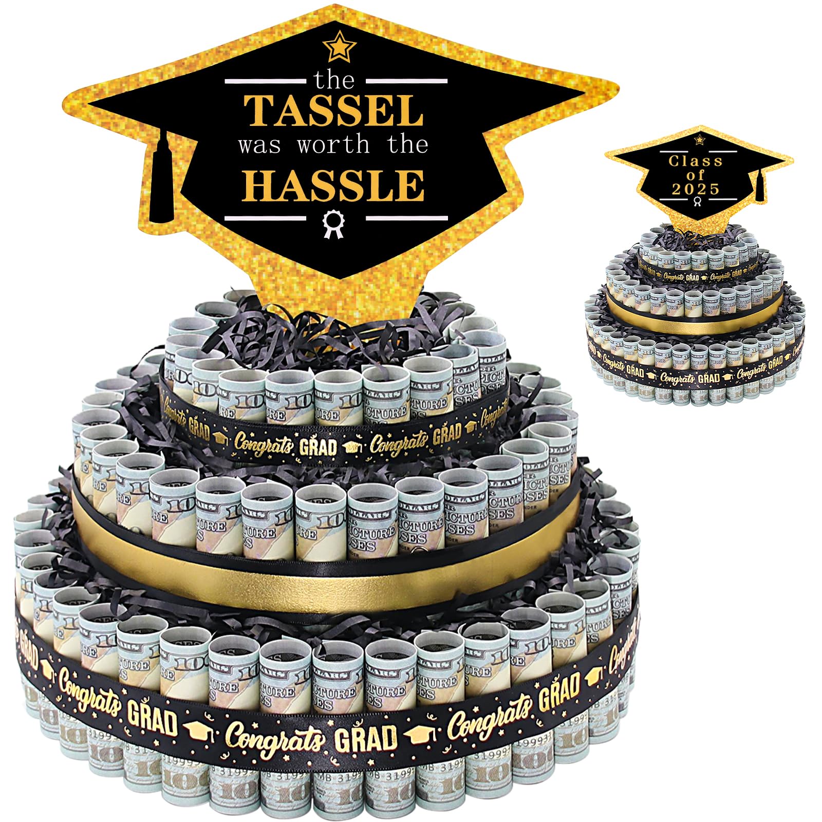 2025 Graduation Gifts for Her/Him, 3 Tier Graduation Cake Filled with Cash Money, Class of 2025 Grad Decorations, Funny Party Supplies Money Gift Ideas for Boys Girls High School College
