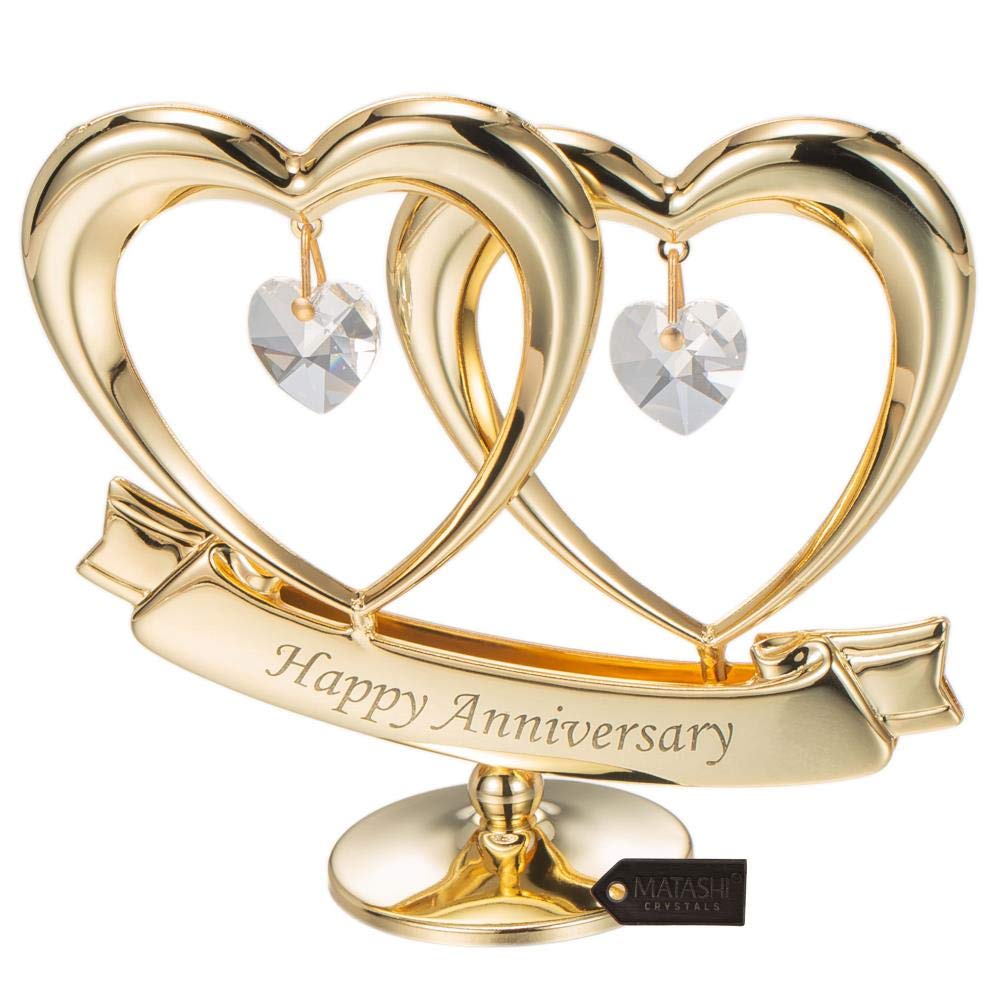Matashi 24K Gold Plated Double Heart Sculpture with Crystals – Elegent Gift for Her, Mom, Wife, Grandma – Unique Home Decor & Premium Quality Elegant Cake Topper, Mothers Day, Anniversary, Birthday