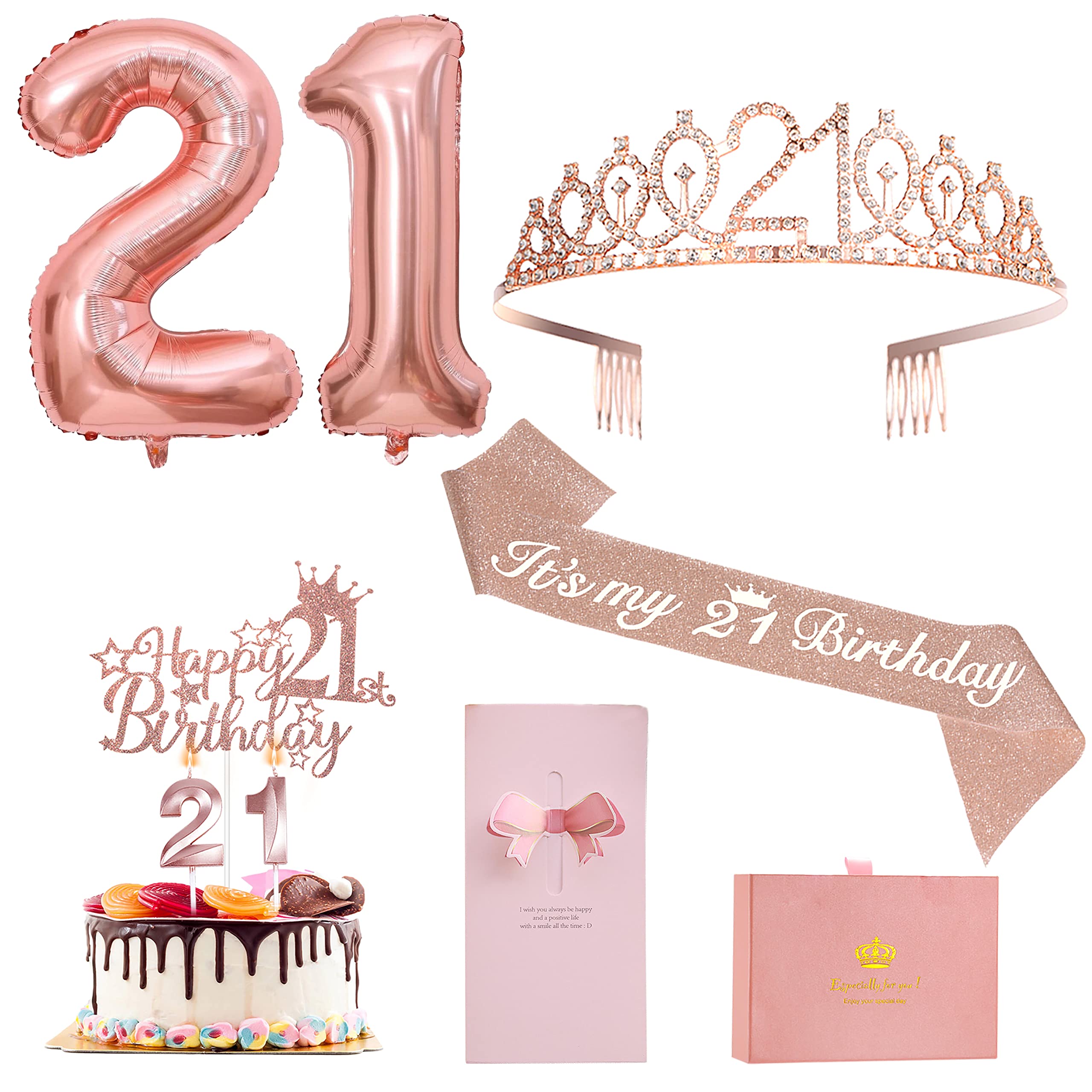 21st Birthday Decorations For Her ZJDZTK,Including Rose Gold 21st Birthday Sash,Crown,Cake Topper,Digital Candles,Balloons Set,Accompanying Card And Beautiful Gift Box
