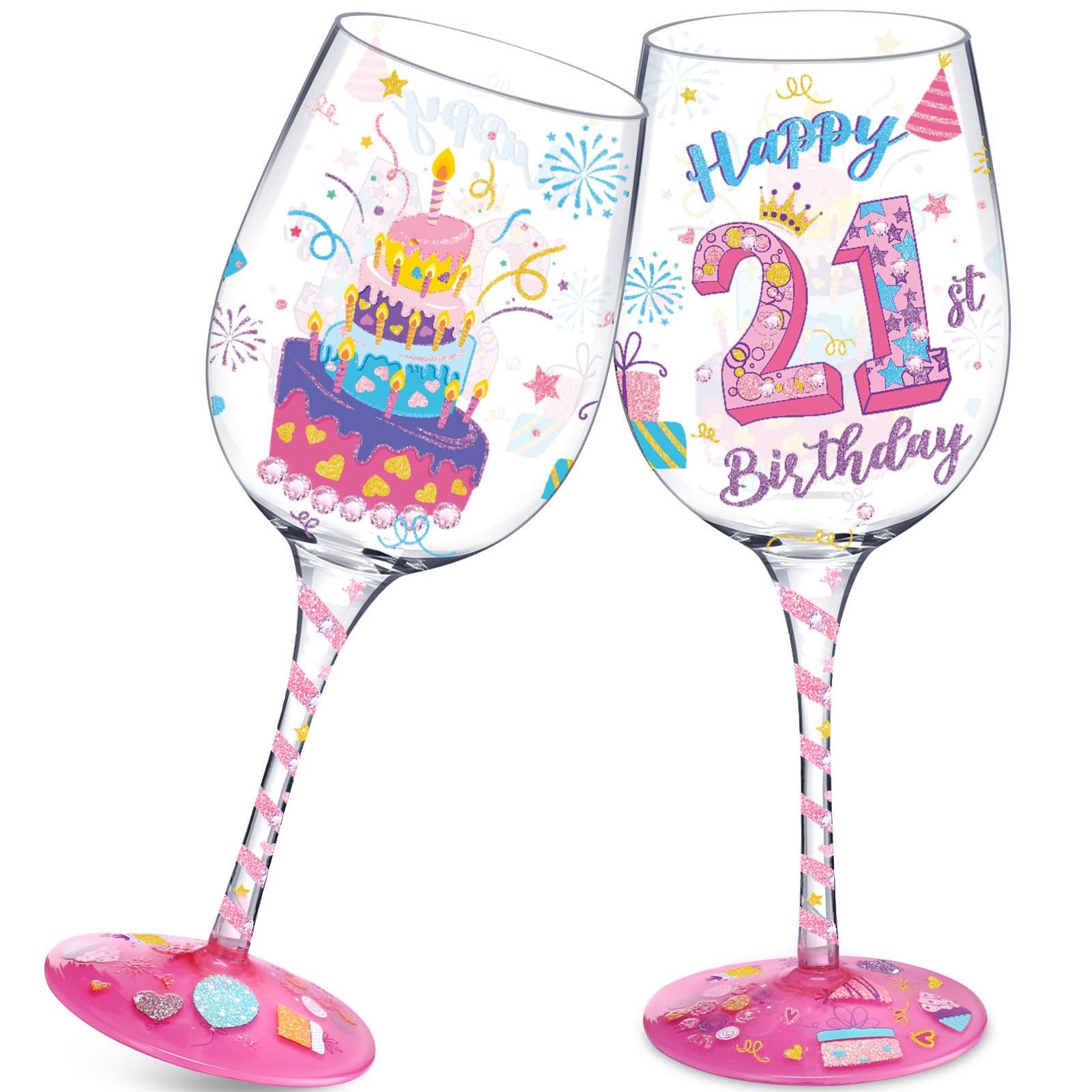 1 Pieces Hand Painted Wine Glass 21st Birthday Gifts for Her Artisan Painted 15oz Gift 21st Happy Birthday Cups(21st Birthday,Pink)