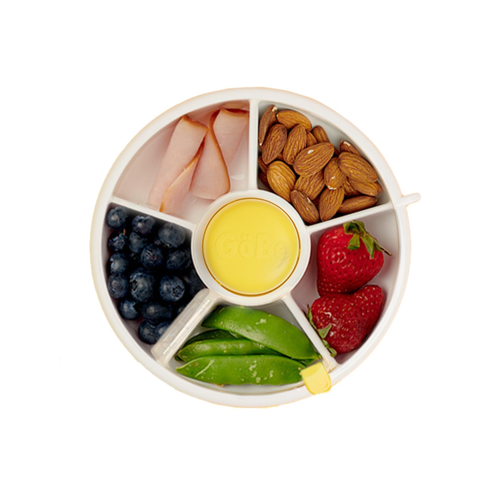 GoBe Kids Small Snack Spinner Flip Bundle with Hand Strap and Sticker Sheet - Reusable Snack Container with 5 Compartment Dispenser and Lid | BPA/PVC Free | Dishwasher Safe | No Spill - Lemon Yellow