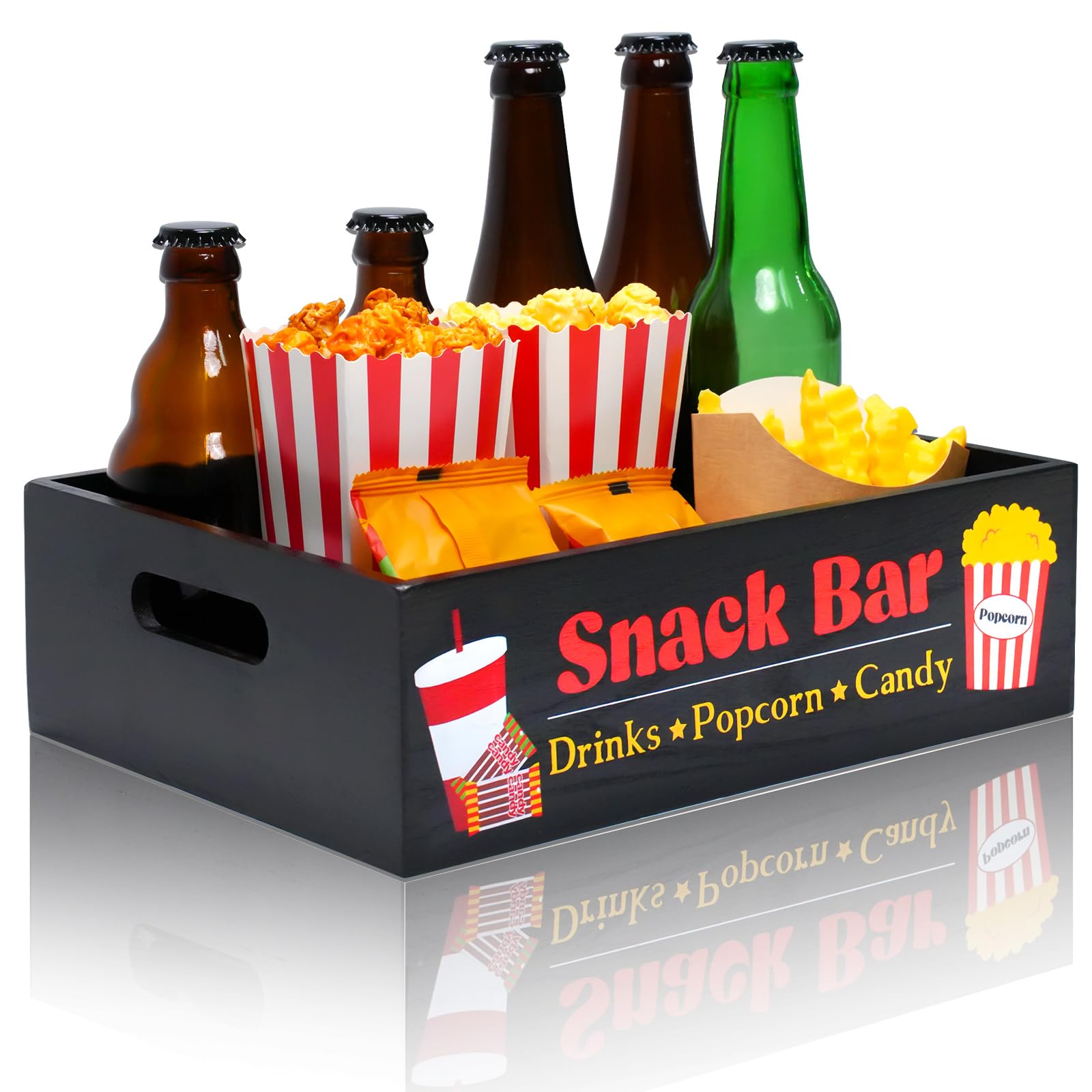 Movie Night Snack Trays - Reusable Wooden Popcorn Bag Basket Gift Set for Family Night Supplies - Snack Holder for Pantry and Kitchen Table