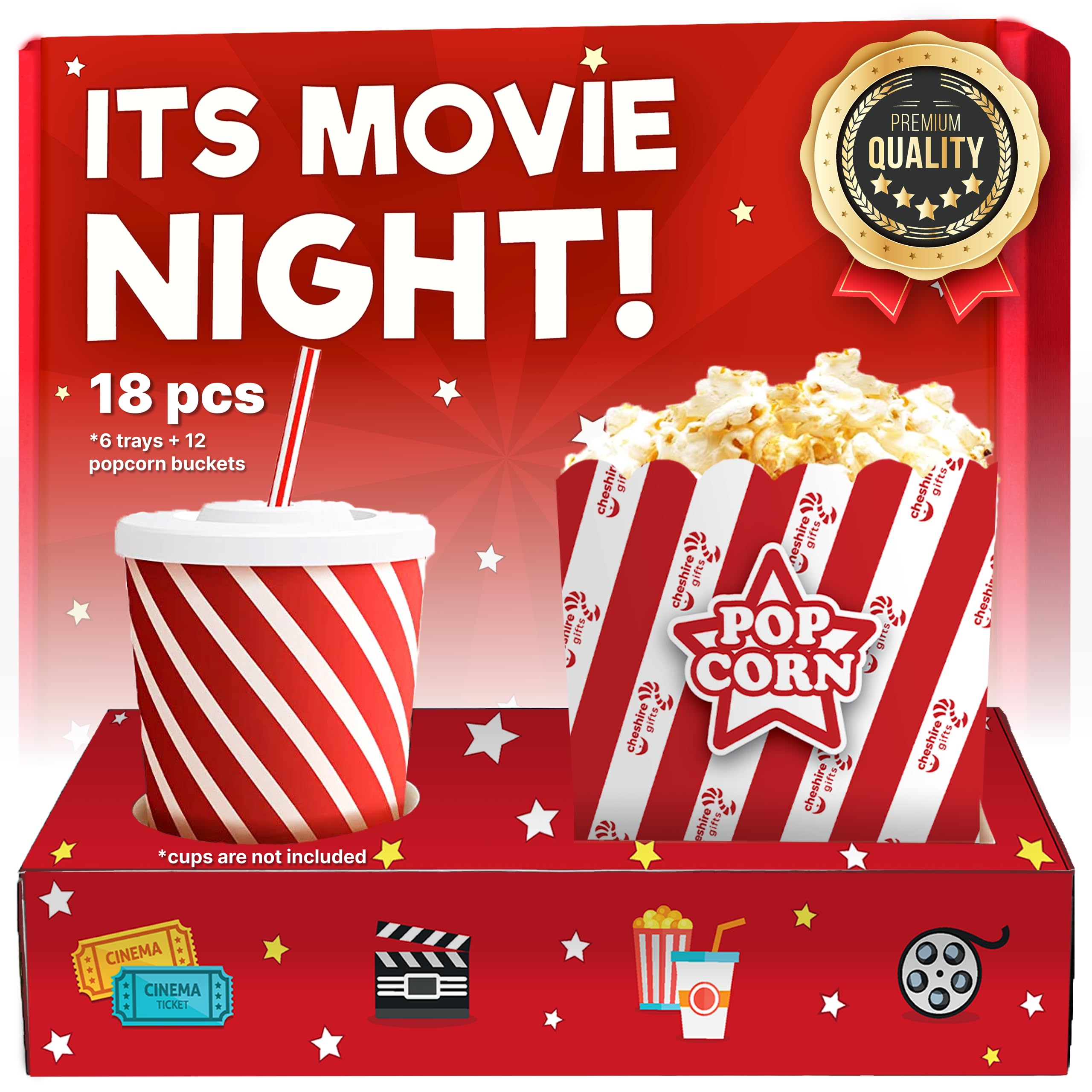 Cheshire Gifts Movie Night Supplies 18 Pcs - Popcorn Bags (12ct) & Movie Night Snack Trays (6ct) - Movie Theater Decor & Popcorn Bowls For Family Movie Night