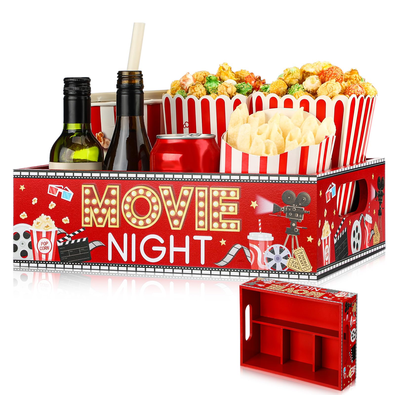 Movie Night Supplies Snack Tray with Handles and 4 Compartments for Theater Popcorn Bucket Bowl Box Reusable Wooden Movie Night Gift Basket Organizer Holder for Family Theater Room Decor