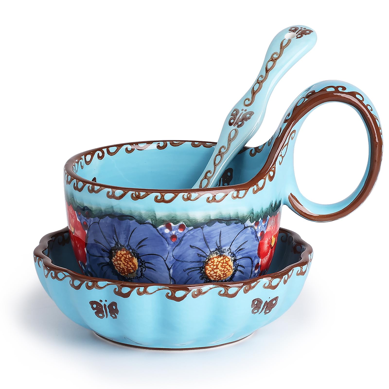 Handmade 16 oz Loop Handle Soup Bowl, Plate and Spoon Set - silesia Ceramic Hand Painted Cereal Bowl Great for Soup, Ice cream, Snack, Stew in Gift Box, Dishwasher & Microwave Safe, Glazed Blue