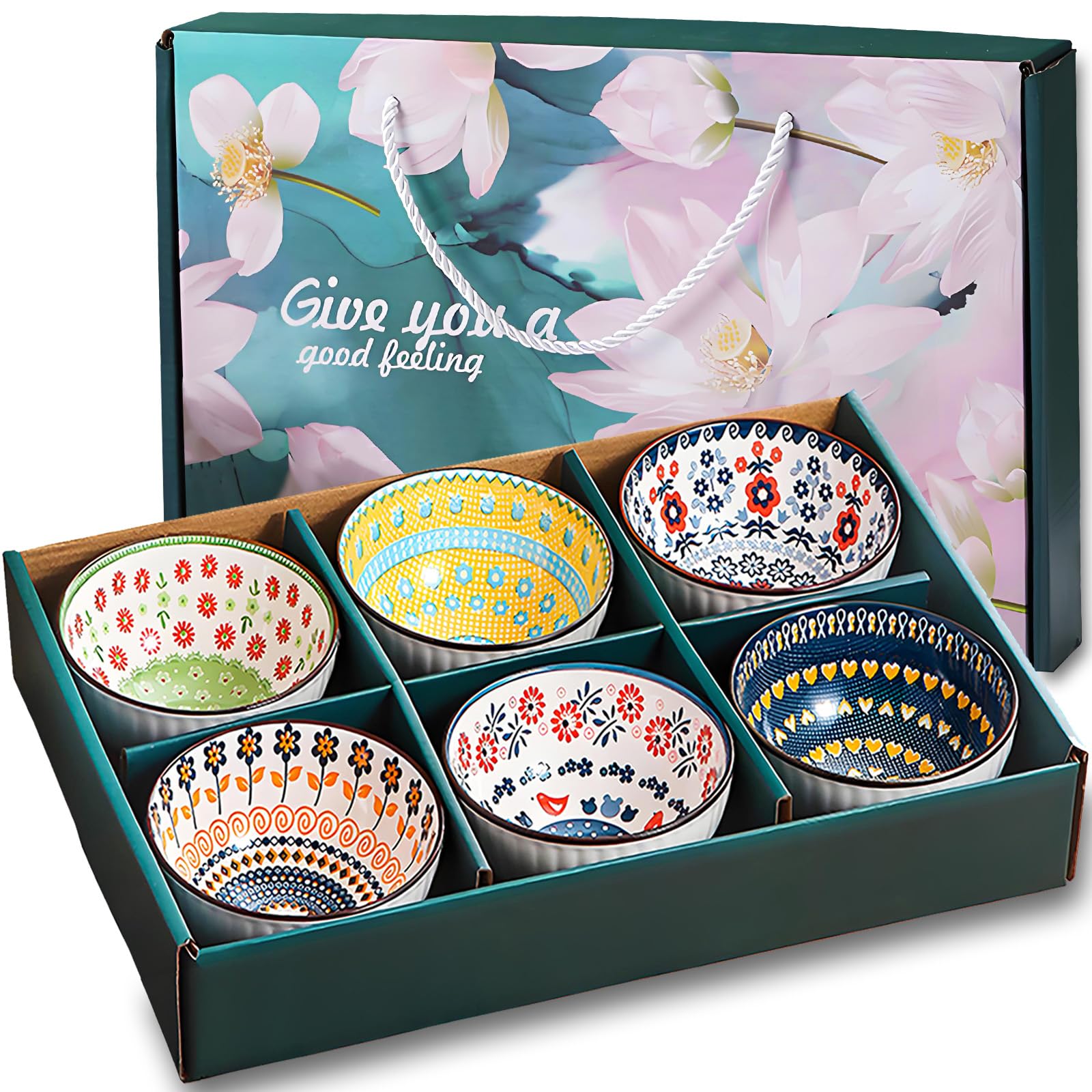 Rice Bowls 10oz, Japanese Style Bowls Set of 6 with Gift Box - Ceramic Bowls for Soup, Dessert, Ice Cream, Snack - Kitchen Gifts for Women Christmas Gift