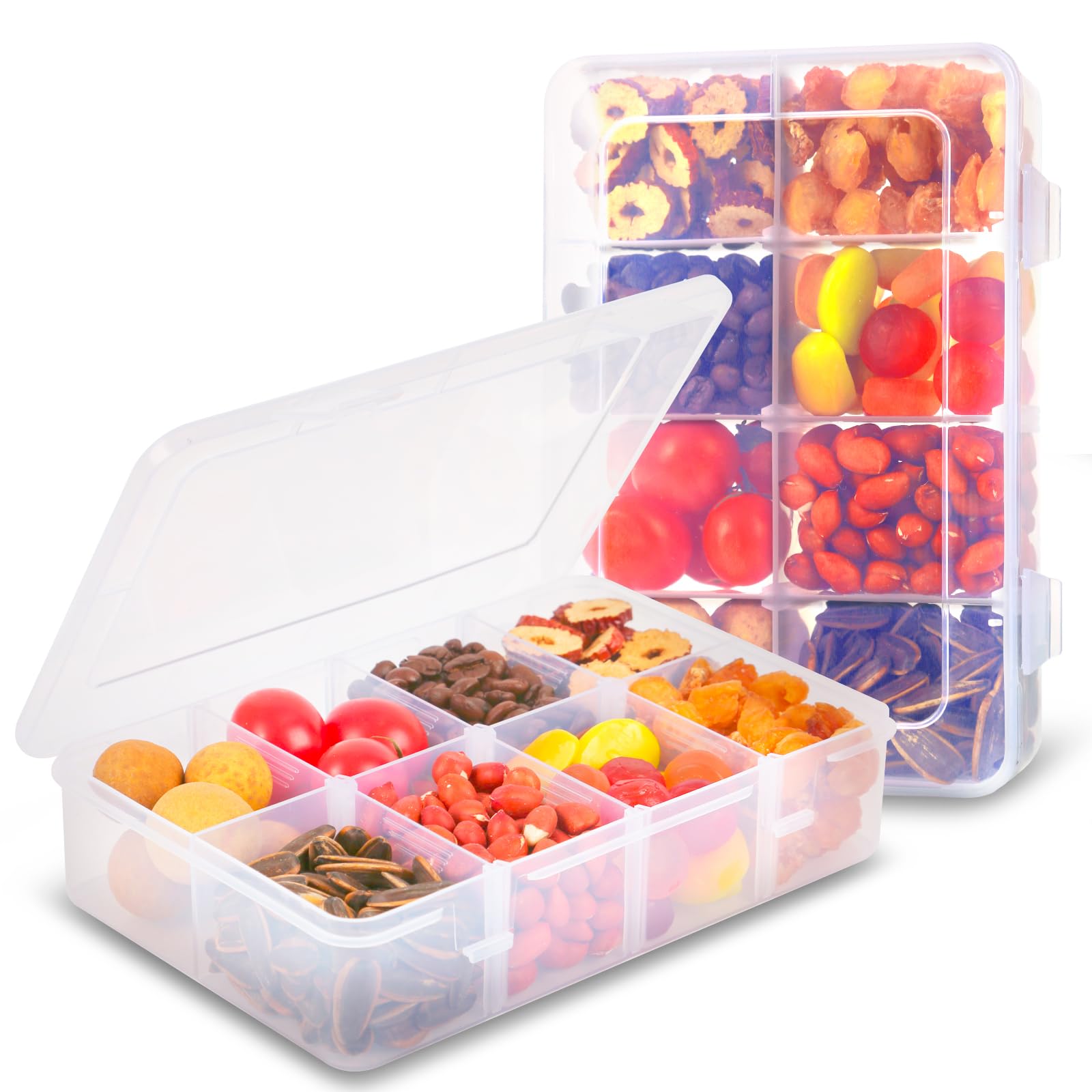 AQSXO 2 Pcs Snack Boxes 8 Compartments Snack Containers Reusable Meal Prep Lunch Containers., Transparent