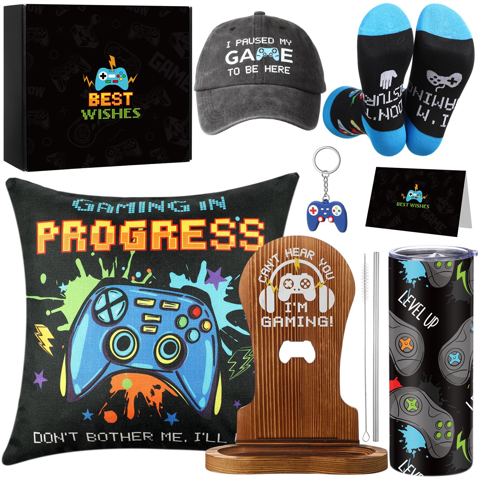 Sieral 8 Pcs Gamer Gifts Box Video Game Gift Ideas Gaming Birthday Socks Keychain Hat Tumbler Cushion Cover Paper Card Wooden Gamer Headset Stand Room Decoration for Gaming Theme Gift Supplies