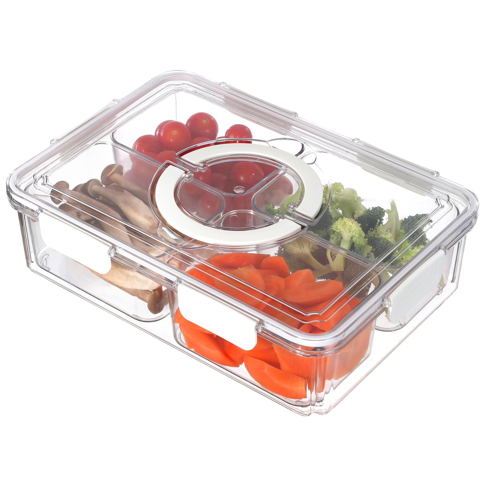 Taiuloo Divided Serving Tray with Lid & Handle, Airtight 4 Compartment Snackle Box Charcuterie Container, Fridge Organizer Bins, Food Storage Container Veggie Tray for Snack, Fruit, Candy, Nuts