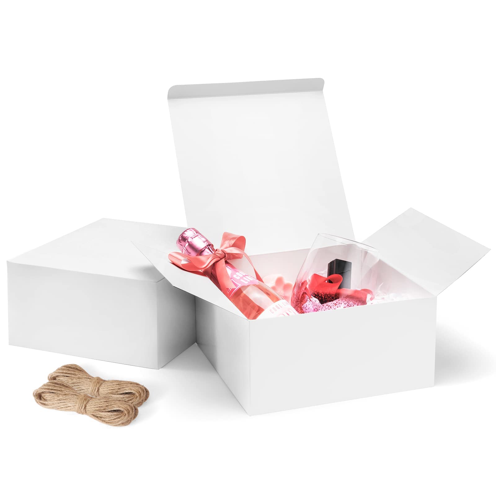 ValBox 8x8x4 Inches Gift Boxes 12 PCS White Paper Gift Boxes with Lids for Gifts, Wedding Present, Bridesmaid Proposal Box, Birthday Party Favor, Easy Assemble Box with 66ft Twine