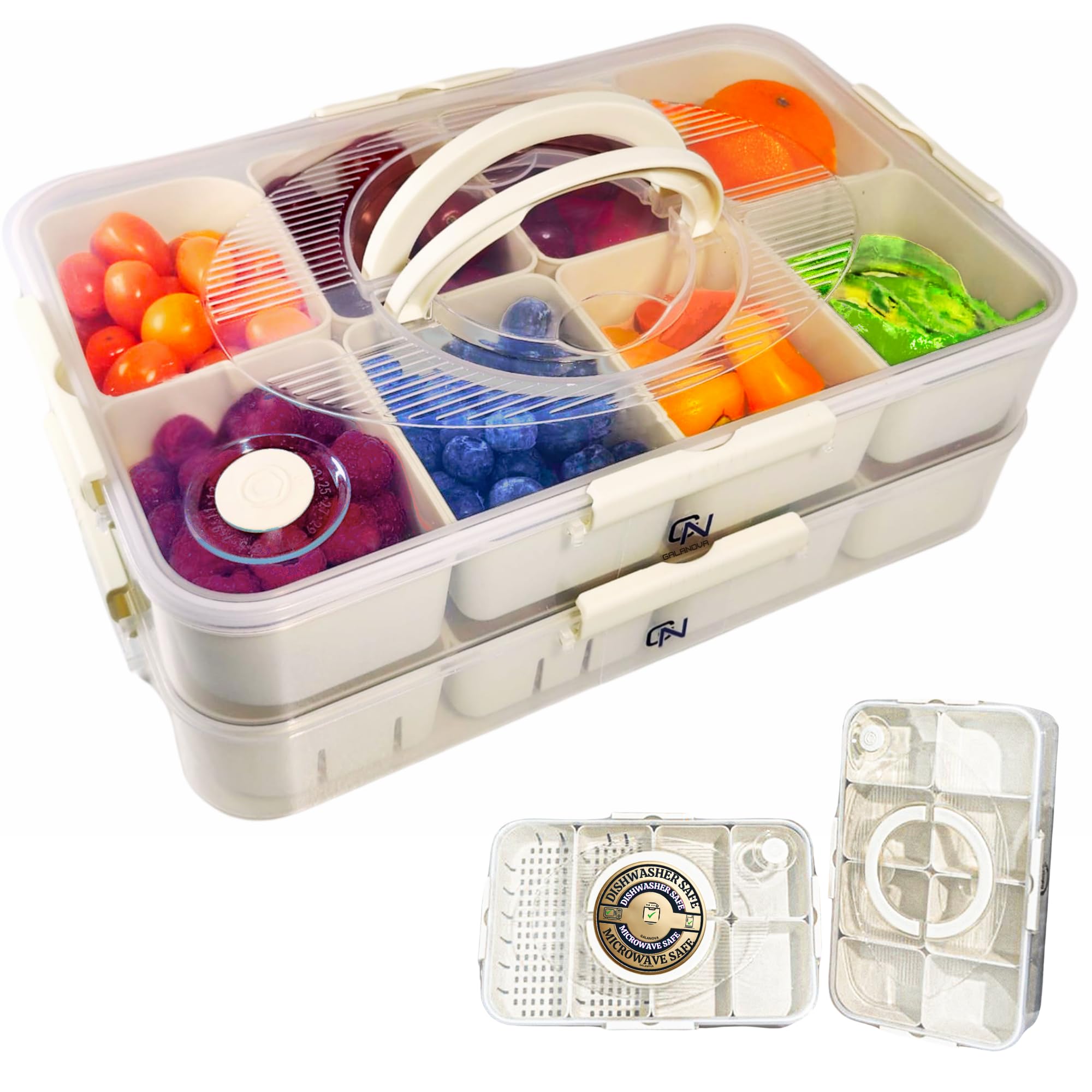 New Stackable Snack Box Containers with 2 Lids - 14 Compartment BPA-Free Snackle Organizer, Dishwasher & Microwave Safe Reusable Snack Tray for Veggies, Fruits, Charcuterie, and Snacks, 2Pack