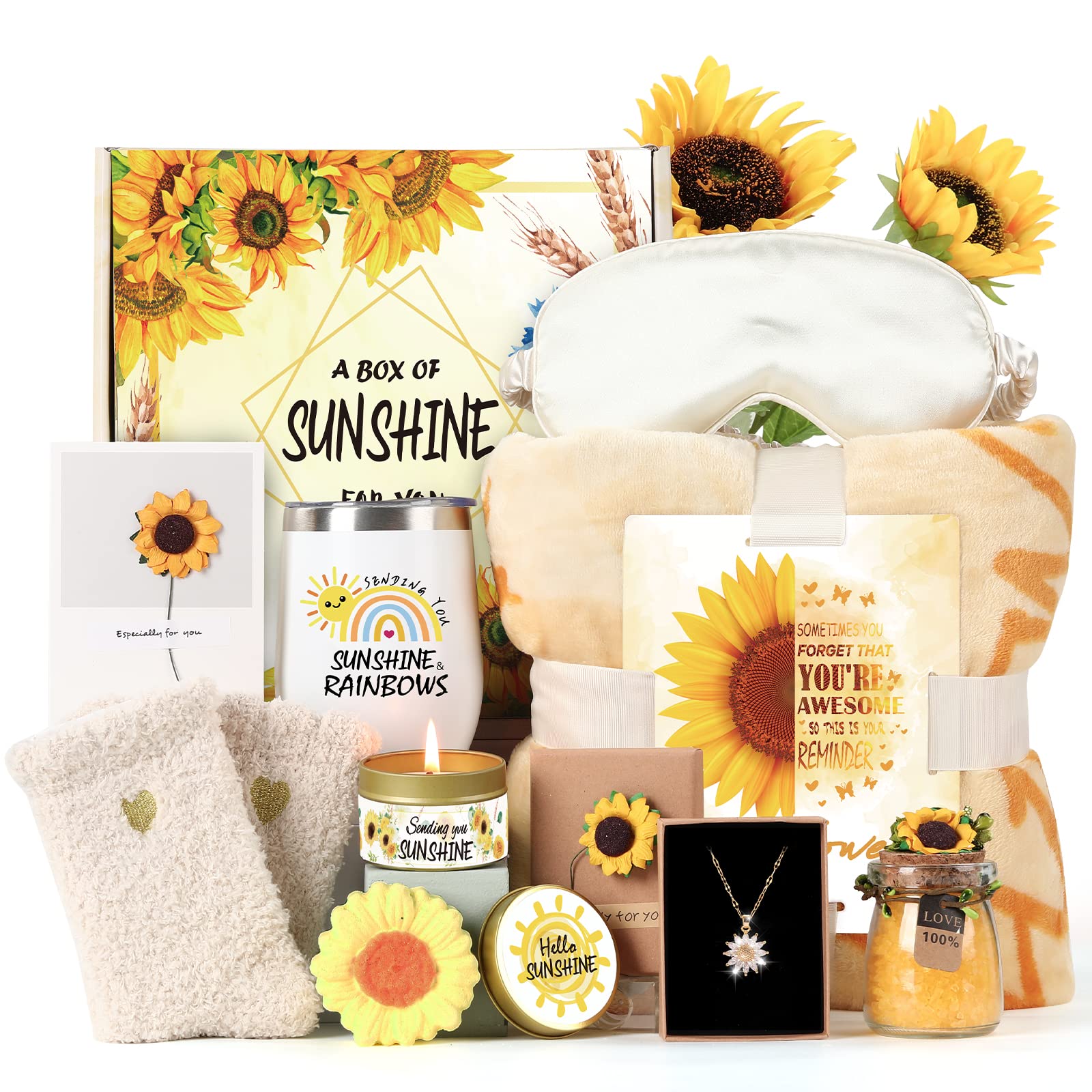 Sending Sunshine Gift, Sunflower Gifts for Women, Care Package, Birthday Gifts Box, Get Well Soon Gifts Basket Thinking of You Gift for Women, Friend, Sister, Mom with Inspirational Blanket