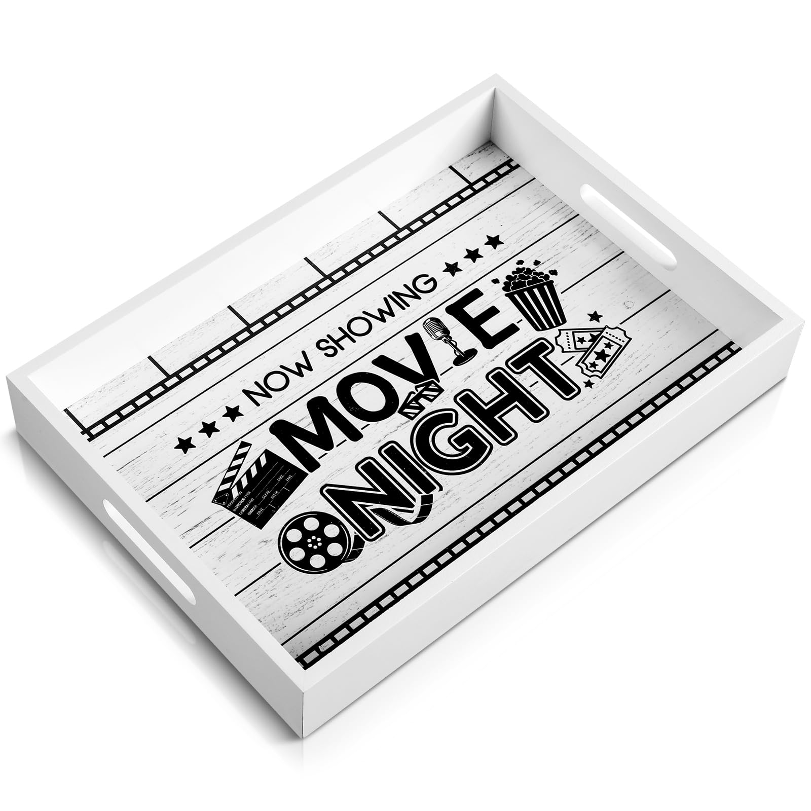 Movie Night Serving Tray with Handles Wooden Snack Storage Box movie night decor Snack Rack for Countertop, Storage Basket for Home Party Kitchen Supplies(White,Classic Movie Night)