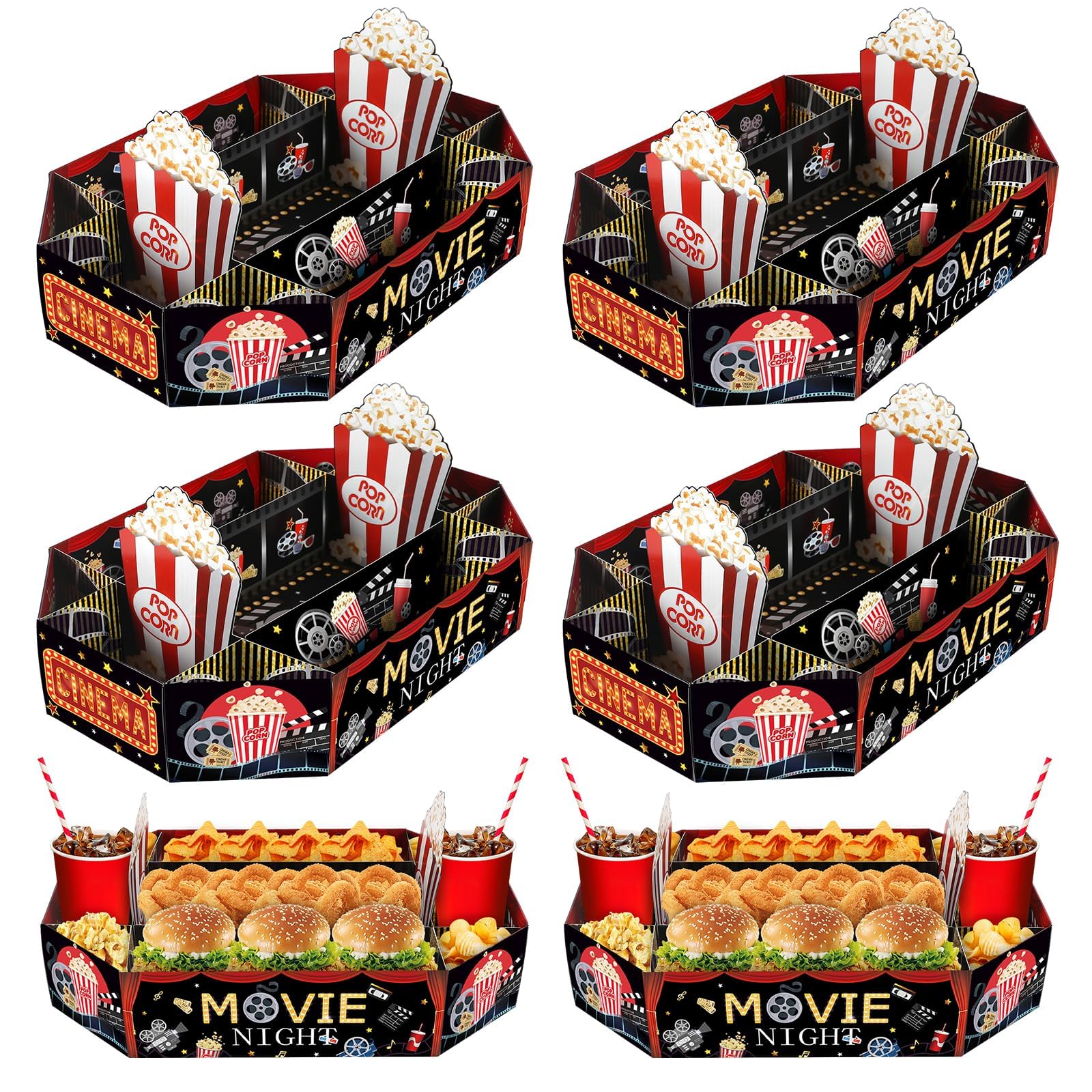 6 PCS Movie Trays for Movie Night, Movie Night Box, Movie Snack Trays, Movie Night Basket Gift Set, Movie Night Popcorn Set, Popcorn Trays for Movie Night Party Decorations Favors