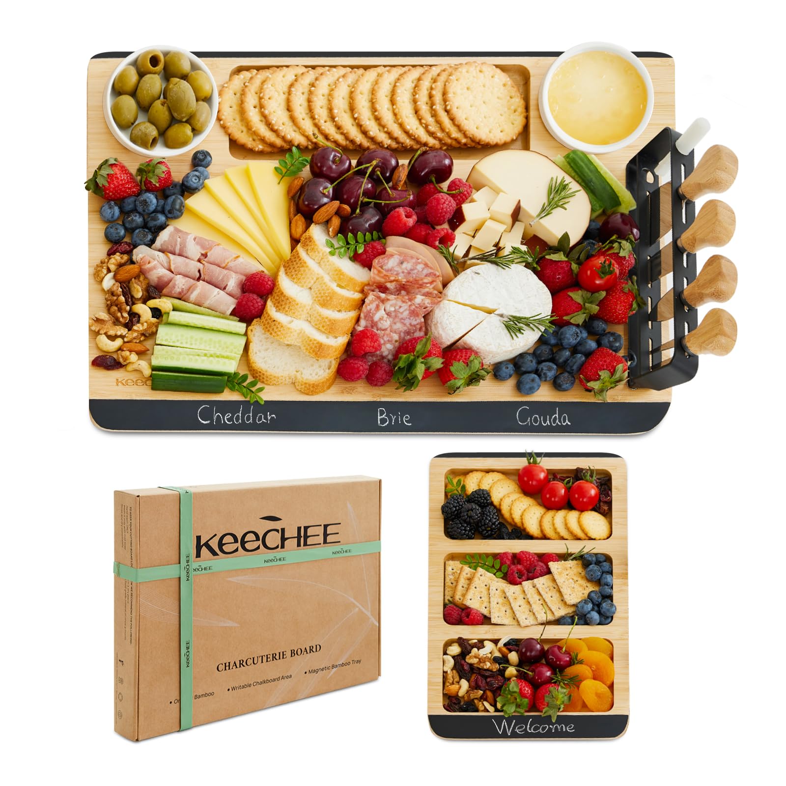 Charcuterie Board Gift Set: Large Bamboo Cheese Board with Chalkboard Edge & Forks - Ideal for Housewarming, Weddings, Bridal Showers, and Unique Gifts for Mom