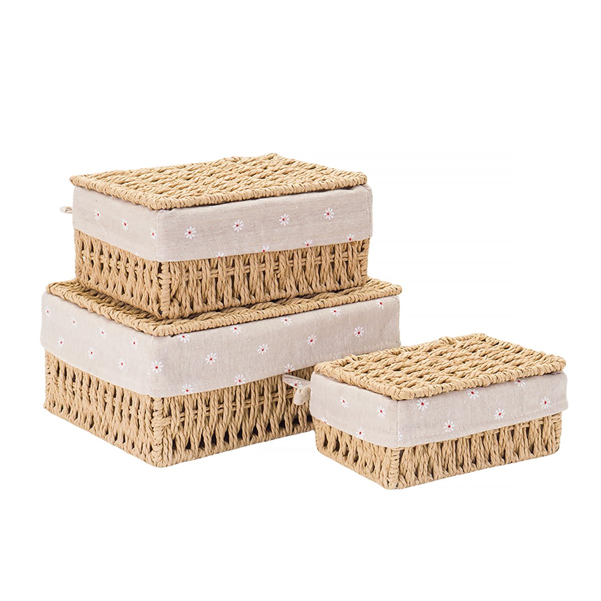 GIB Small Wicker Baskets with Lids Liner Set of 3 Size, Paper Rope Woven Decorative Cute Nesting Storage Baskets for Shelves, Rectangular Container Bins for Table Snacks Gifts Makeup Organizer, Beige
