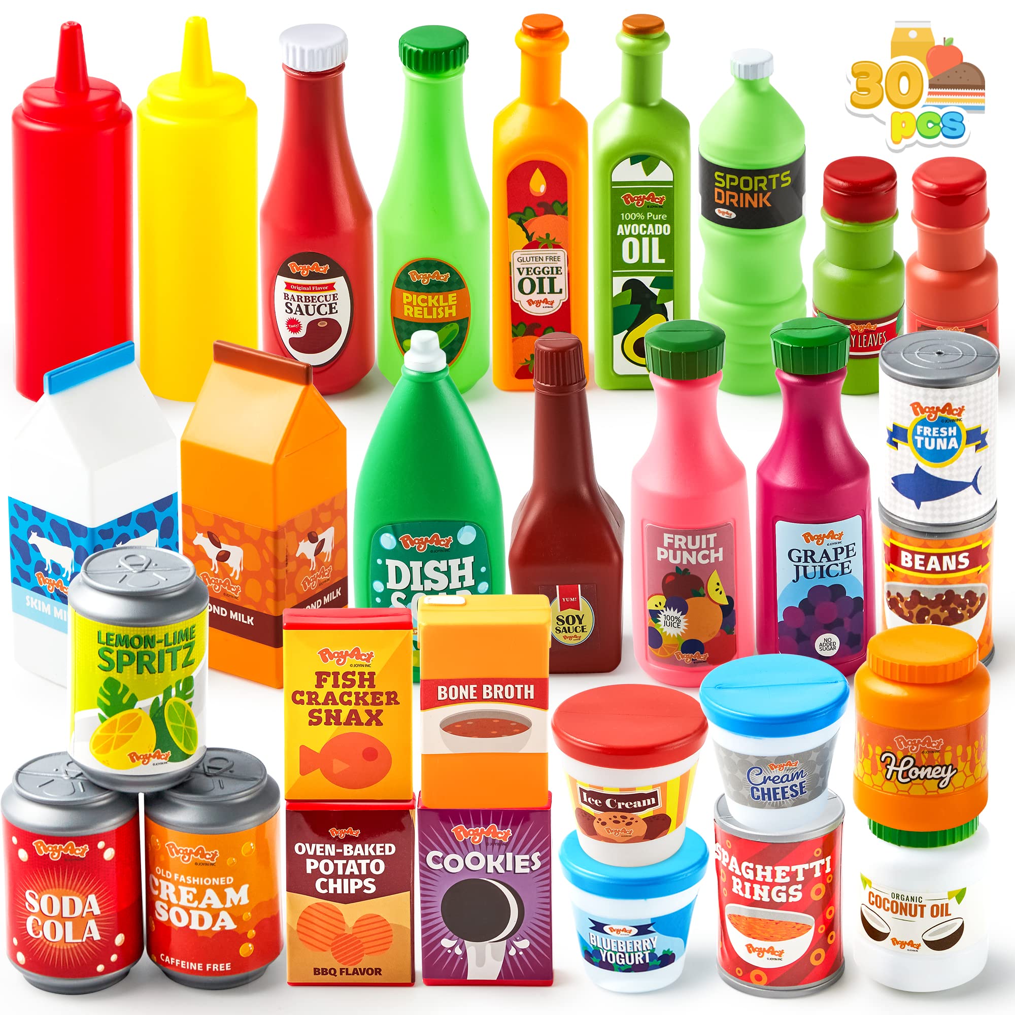 JOYIN 30Pcs Play Food Grocery Cans, Play Kitchen Accessories, Includes Drink, Juice, Jar, Seasoning, Water Bottle, Sauce, Yogurt, Ice Cream, Snack Box, Kids Gifts & Indoor Toys