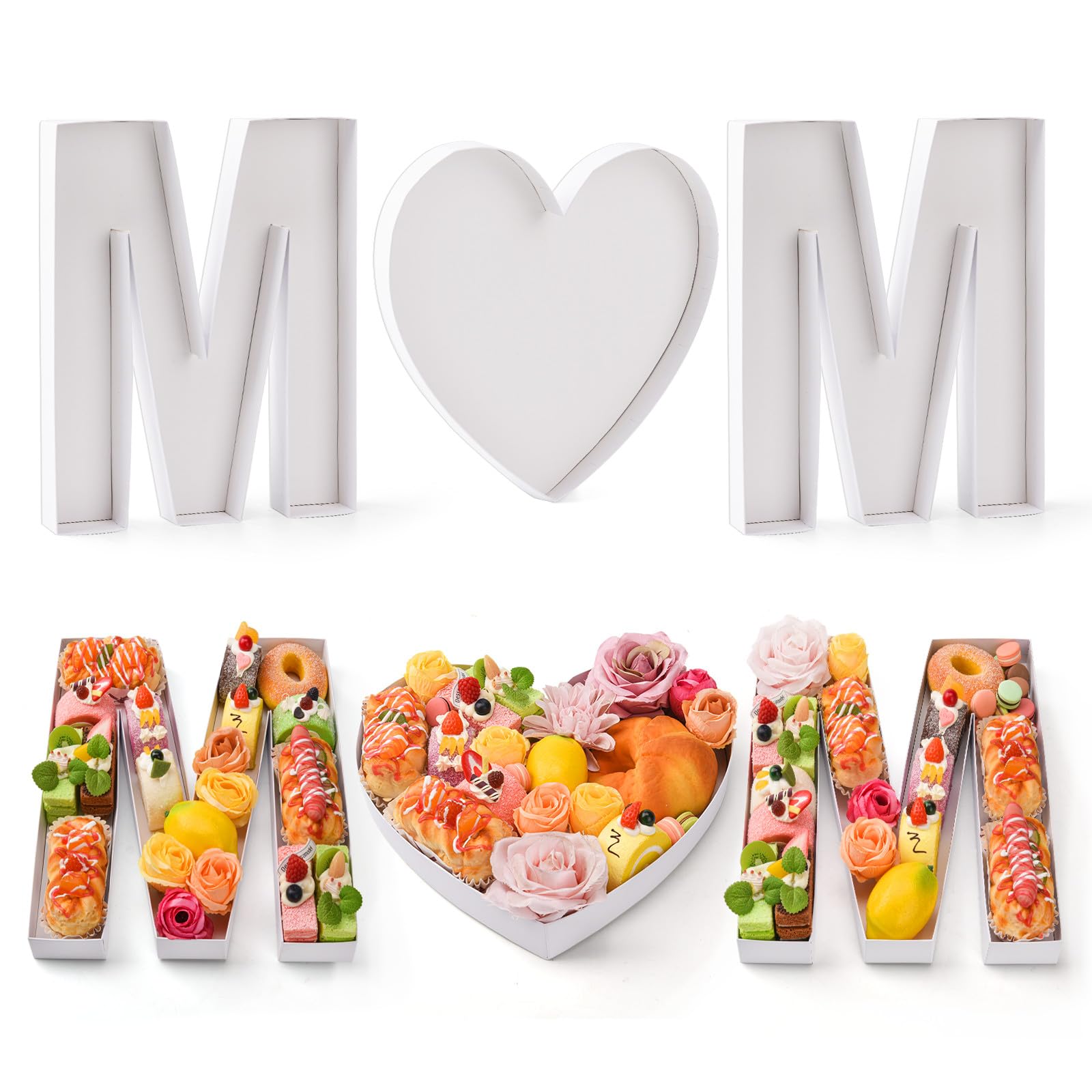 MOM Cardboard Letter for Charcuterie Mother's Day 12‘’ Fillable Paper Box for Mother's Day Gift Box Candy Cupcake Container (White)
