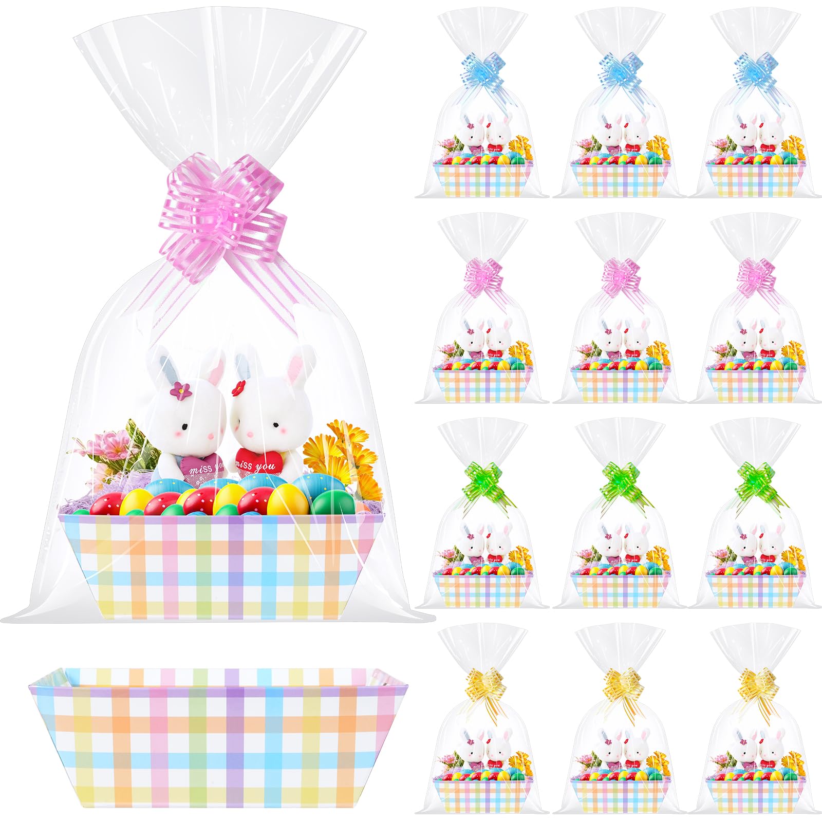 12 Sets Easter Gift Basket Empty with Cellophane Basket Bags,Large Cardboard Pastel Pink Blue Green Yellow Plaid Gift Baskets Bulk with Pull Bows Ribbons to Fill for Spring Easter Snacks Party Supp...