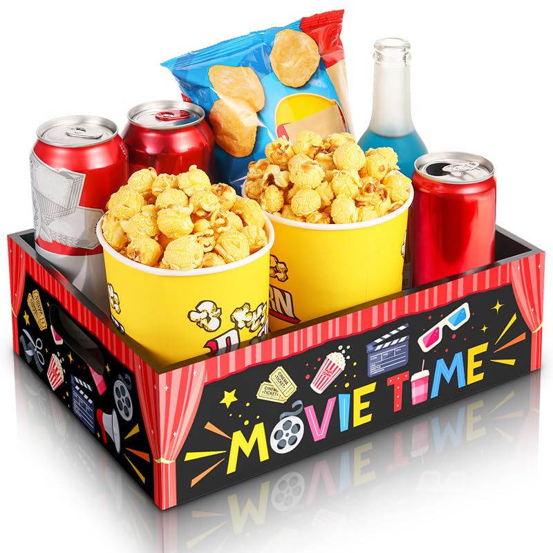 Movie Night Snack Trays Movie Night Supplies Popcorn Snack Holder for Countertop Movie Theater Wooden Snack Storage Reusable Basket Tray for Valentines Date Night Family Movie Night (Movie Time)