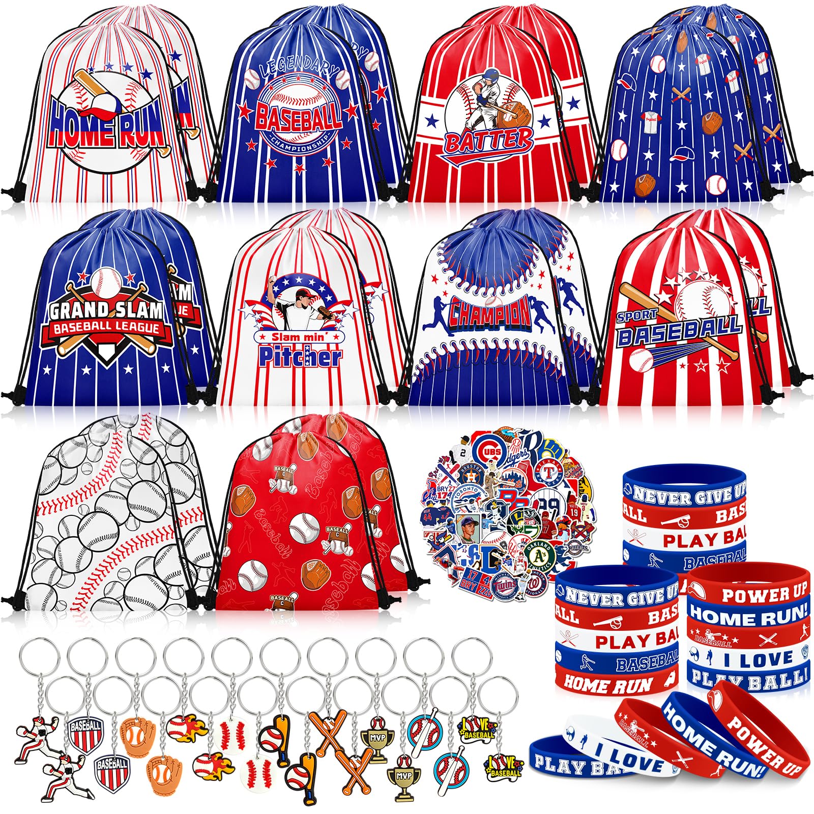 110 Pcs Baseball Party Favors, Drawstring Bags Baseball Goodie Bags with Keychains Silicone Bracelets Stickers Gift Bags for Baseball Themed Birthday Party Favors Supplies