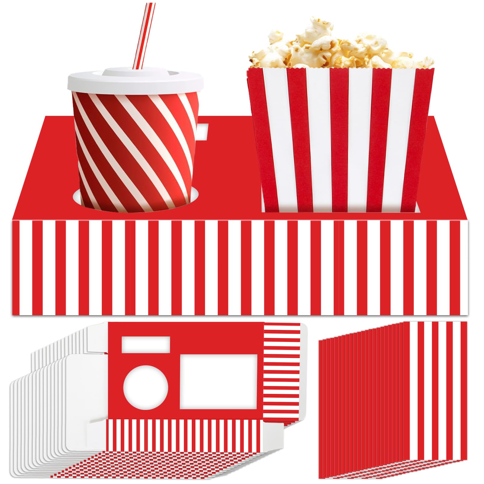 48Pcs Movie Night Supplies 24 Movie Night Snack Trays with 24 Popcorn Bags Movie Theater Snack Boxes Cinema Theme Party Paper Food Trays Red and White Striped Food Boats for Family Kids Birthday Party