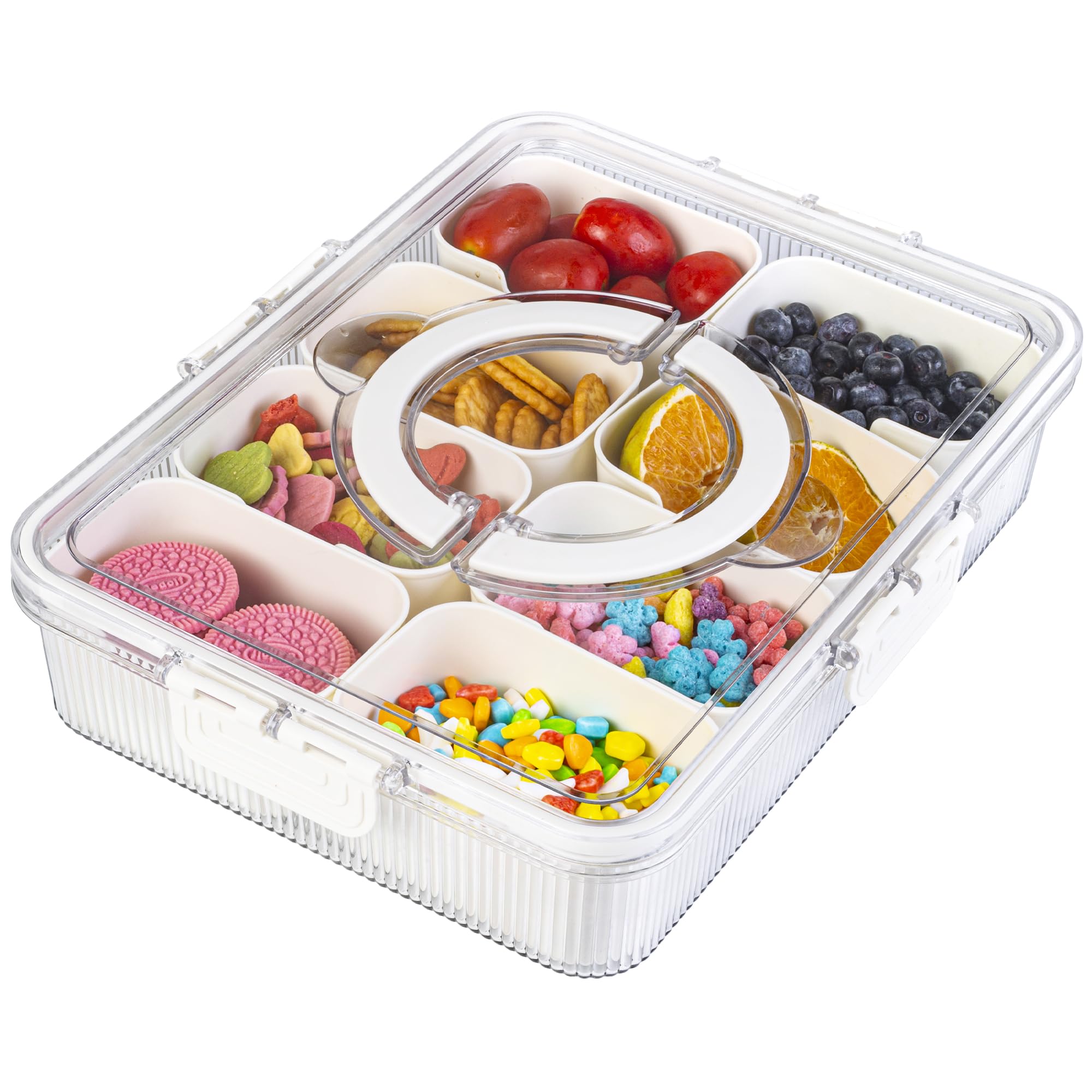 Design Ribbed Snackle Box Container Snack Container Divided Serving Tray with Lid and Handle, 8 Divider Portable Snacklebox for Travel Beach for Charcuterie Veggie Fruit Candy,1 Pack