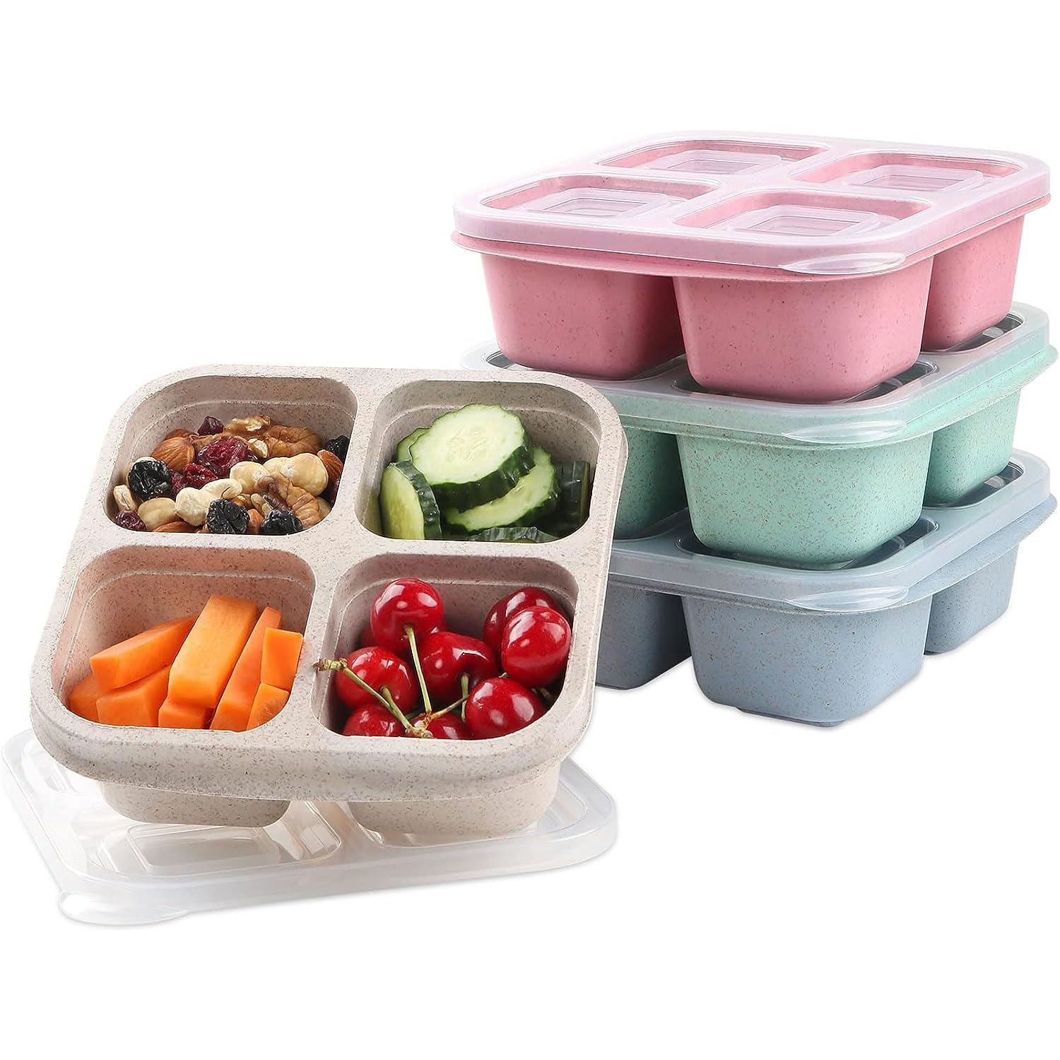 4 Pack Snack Containers, Divided Bento Snack Box, 4 Compartments Reusable Meal Prep Lunch Containers for Kids Adults, Food Storage Containers for School Work Travel
