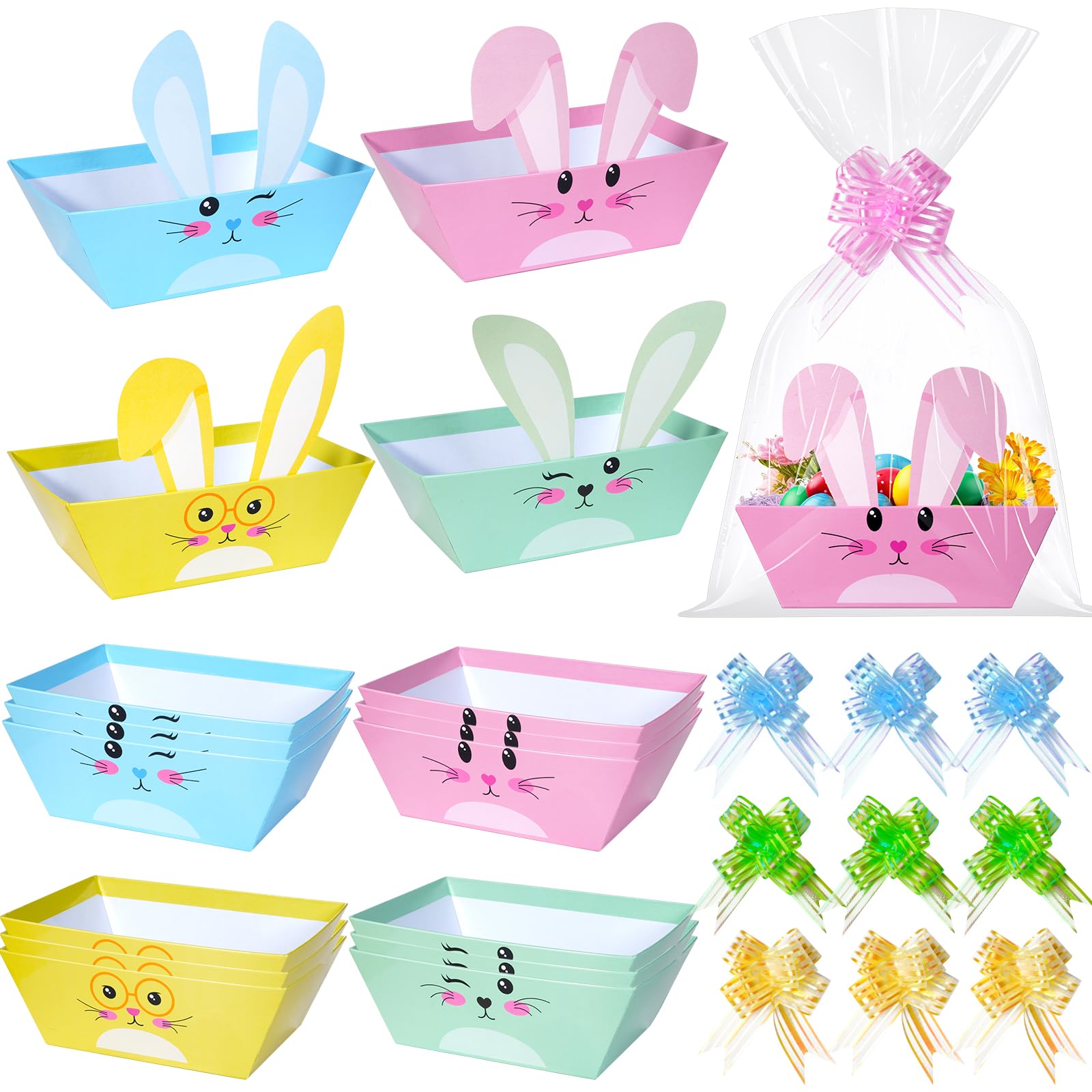 12 Sets Easter Gift Basket Empty with Transparent Cellophane Bags,Pastel Pink Blue Green Yellow Cardboard Bunny Gift Basket Bulk with Pull Bows Ribbons to Fill for Spring Easter Snacks Party Supplies
