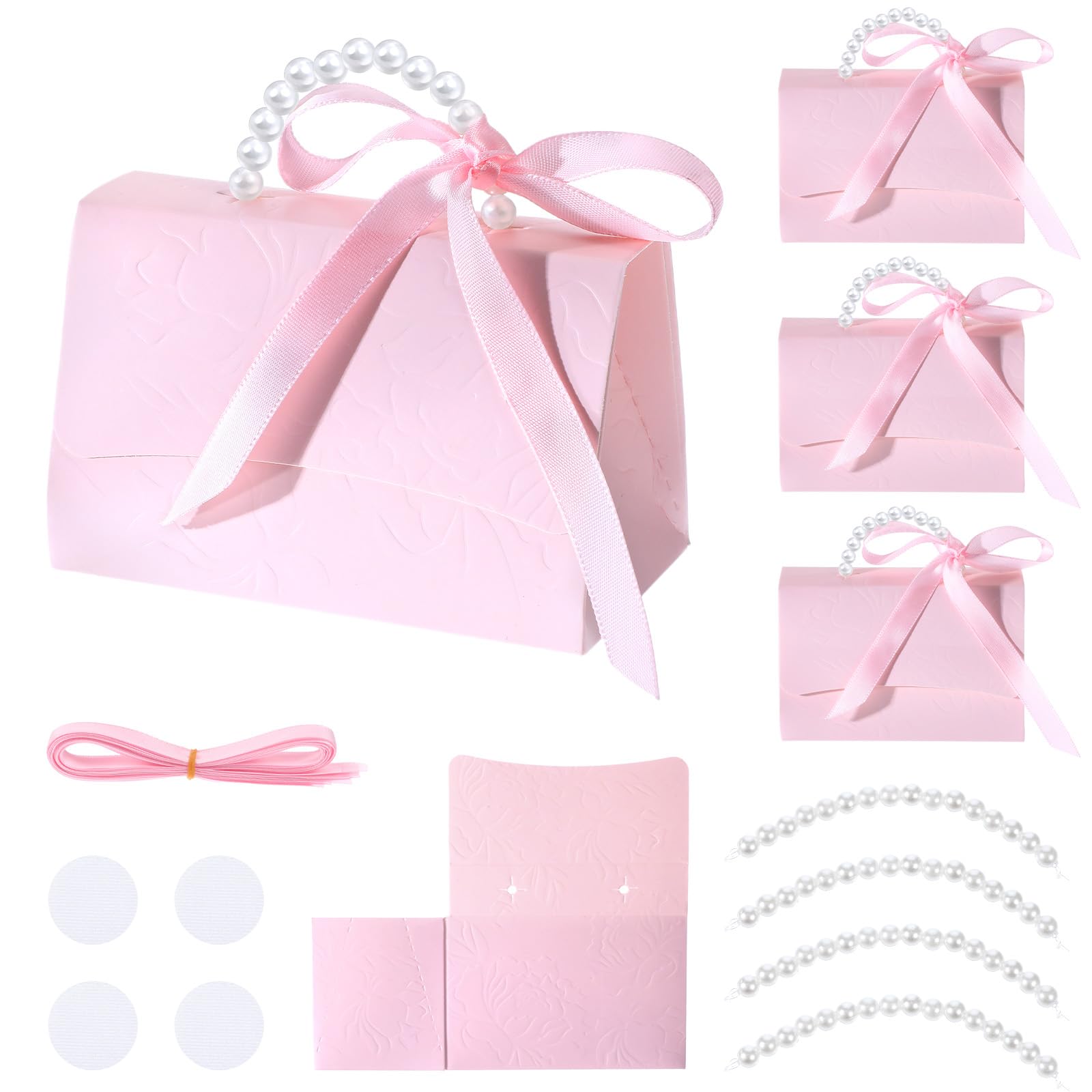 YBEATY 16 Pcs Pink Wedding Favor Boxes DIY Set Elegant Crafting Party Gift Box Snacks Candy Toys Paper Treat Boxes with Pearl Handle Ribbons Stickers for Birthday Boutioue Bridesmaid Anniversary