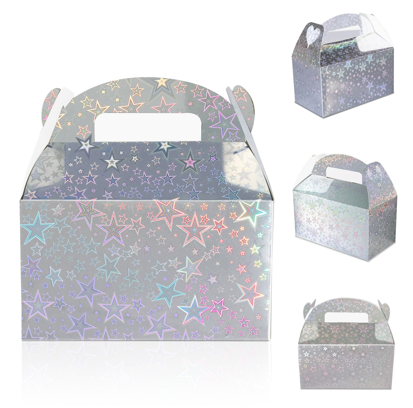Iridescent Star Party Favor Treat Box, 24pcs Holographic Gable Boxes for Candy Snacks Gifts, Shiny Goodie Boxes for Birthday parties