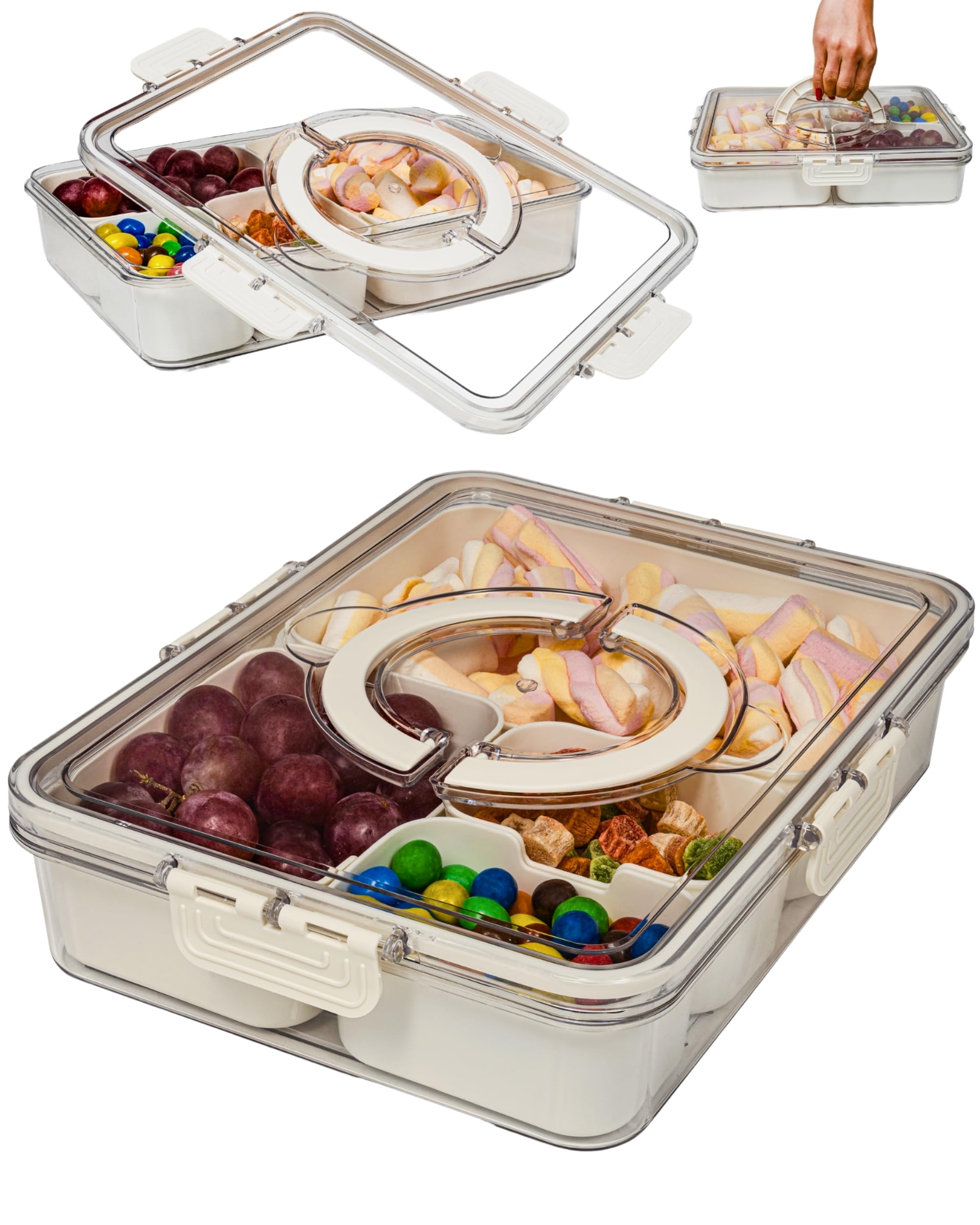 Small Snackle Box Container - Travel Snack Box Container - Snacklebox - Divided Serving Tray With Lid and Handle - Portable Snack Tray With Lid - Snackle Boxes (4 Compartments - 3 Sizes - Cream)