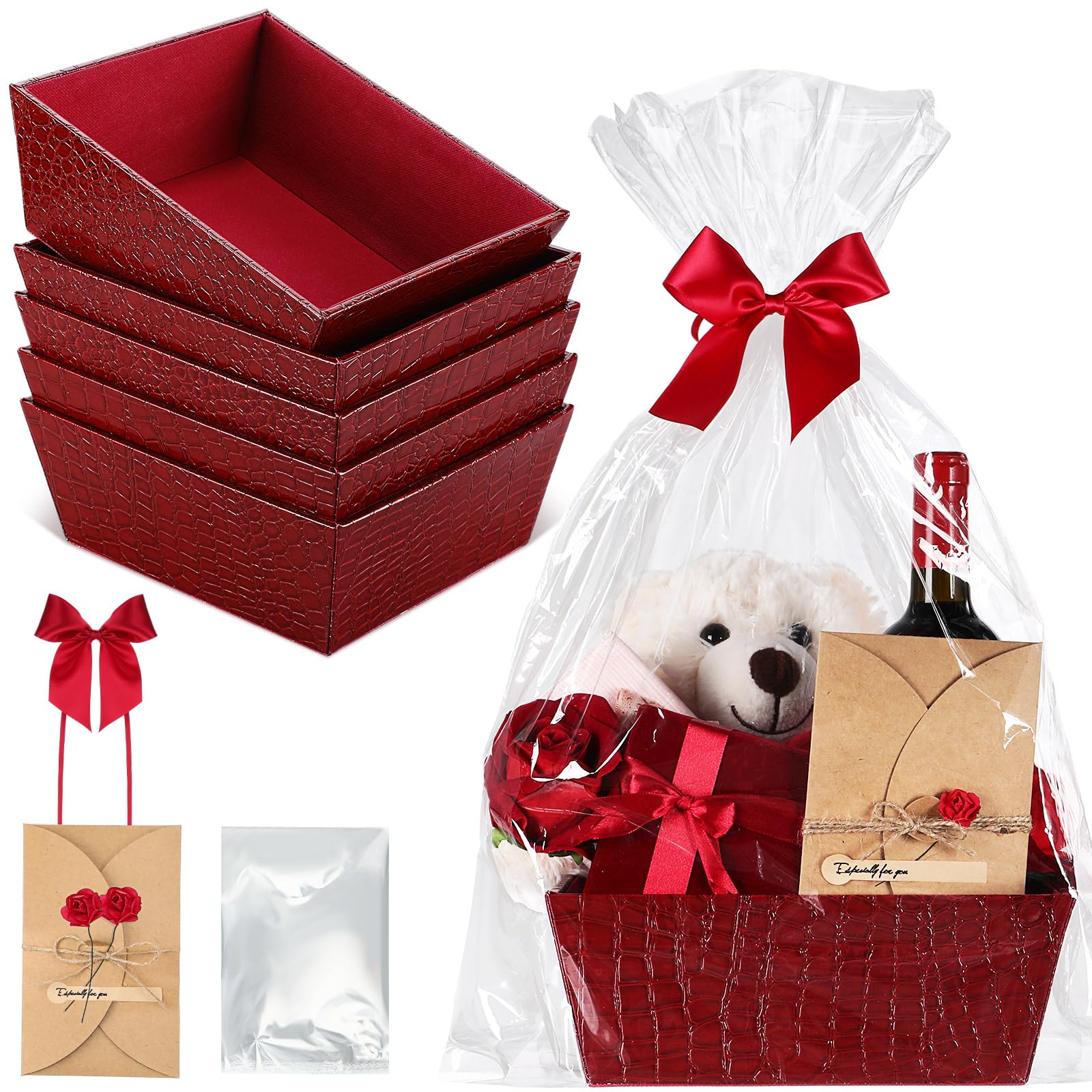 5 Set Leather Empty Gift Basket with Gift Bags Bow Ribbons Greeting Cards 9.8x8.3x3.5'' Empty Basket for Graduation Gifts Wedding Mother's Day Housewarming Gift Birthday Snack Storage Favors
