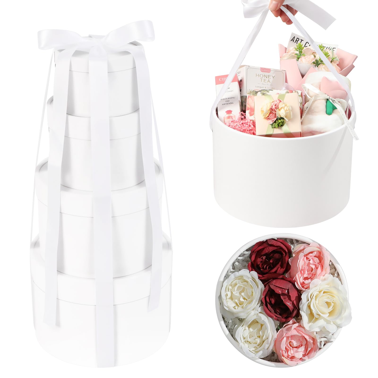 ROSEGLD Round Gift Boxes with Lids Set of 4, Luxury Gift Boxes with Ribbons Assorted Sizes, Nesting Gifts Boxes for Flowers Arrangements, Bridesmaid, Proposal, Wedding, Birthday, Party (Matte White)
