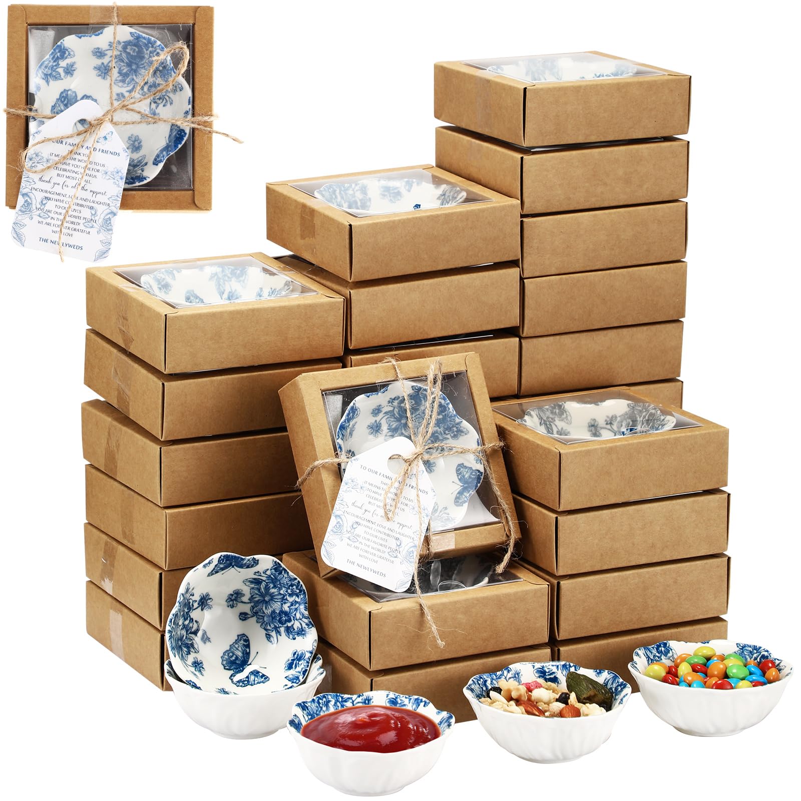 50 Pack Wedding Favors for Guests Small Ceramic Bowls Bulk Gifts Set 3.3 Inch Blue Floral Design Mini Dipping Bowl Sauce Dish with Cards Box for Party Shower Favor Souvenir