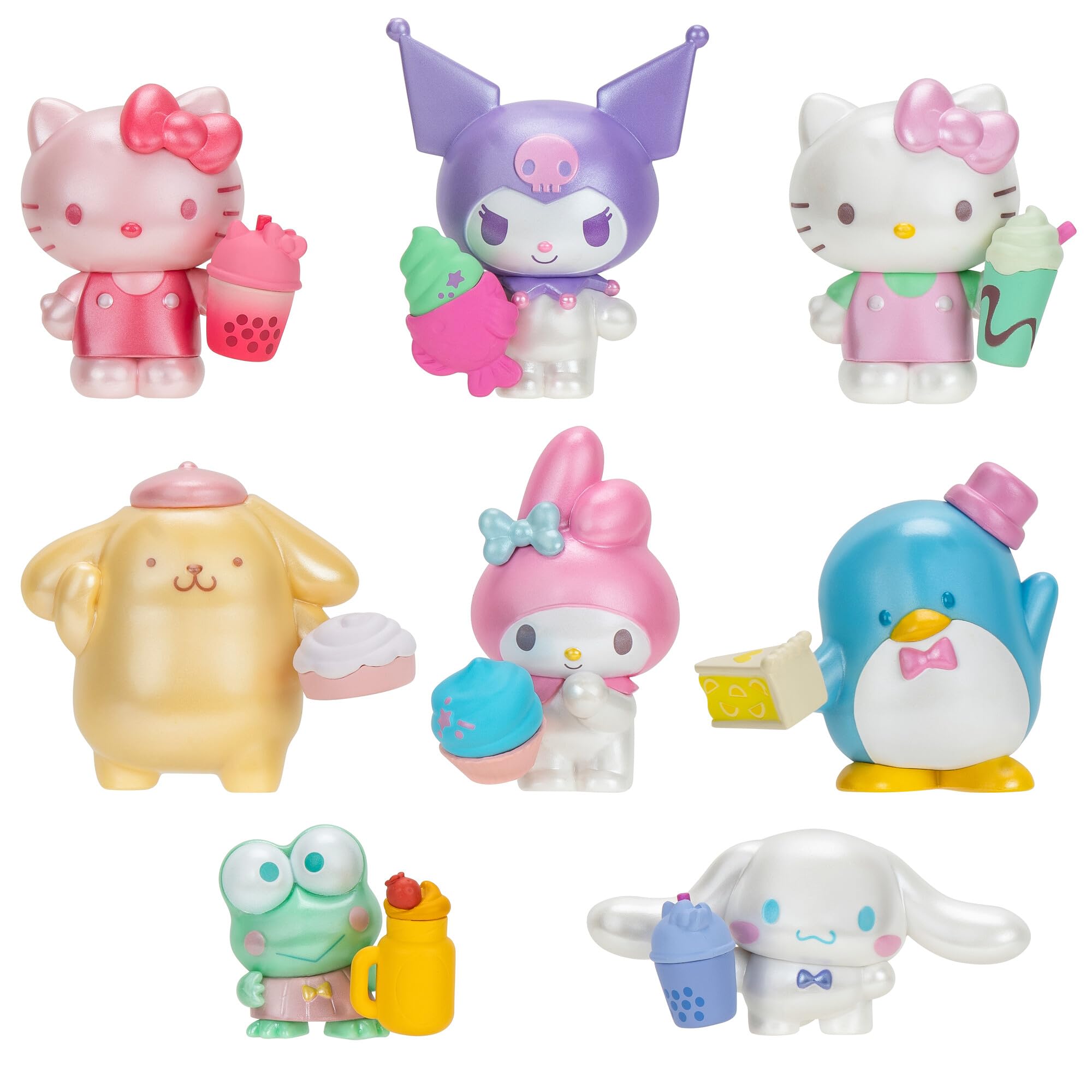 Hello Kitty and Friends Sweet Snacks 8-Pack with Mix and Match Sweet Accessories - 2” Figures - Hello Kitty, My Melody, Kuromi, Cinnamoroll, Pompompurin, Keroppi, and Tuxedosam