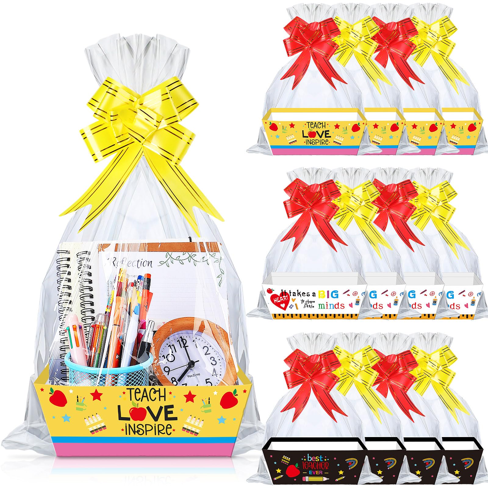 12 Set Baskets for Gifts Empty Teacher Gift Baskets with Pull Bows 9.84 x 6.5 x 3.54 Inch Present Bags Boxes for Teachers' Day Appreciation Graduation Back to School Party Supplies